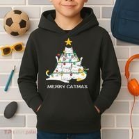 Merry Catmas Cat Christmas Tree Lights Funny Xmas Kids Hoodie thumb 2