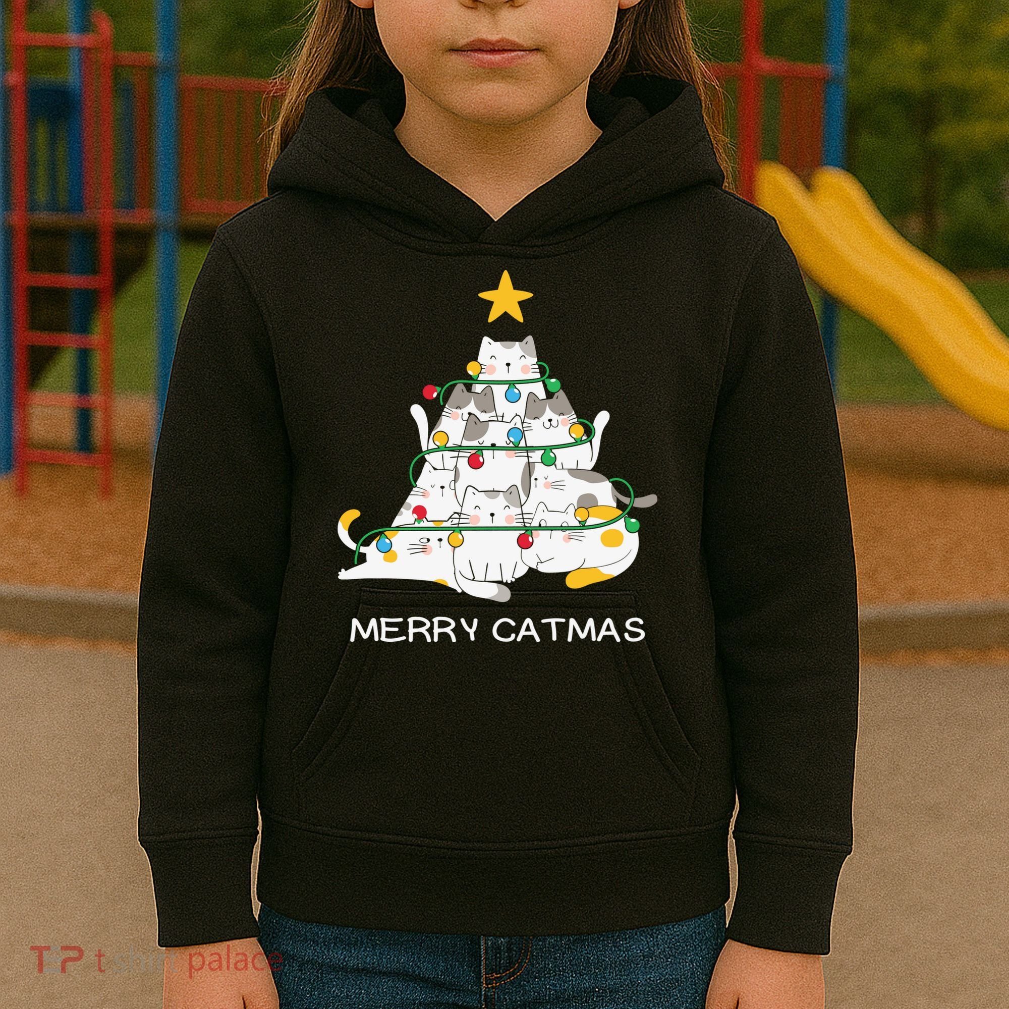 Merry Catmas Cat Christmas Tree Lights Funny Xmas Kids Hoodie