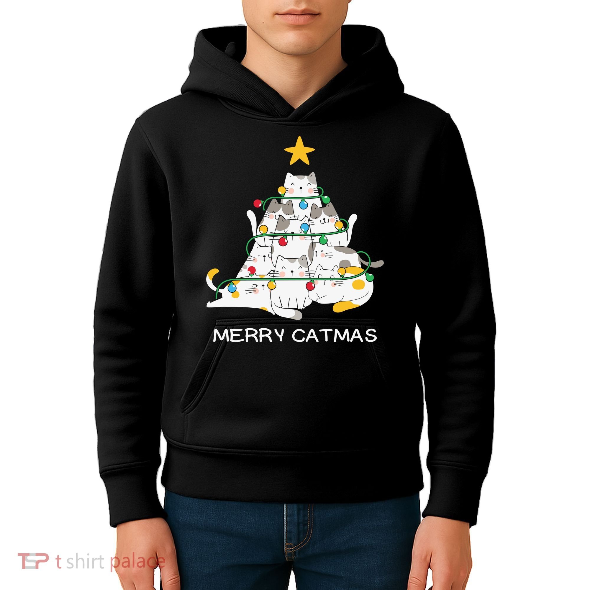 Merry Catmas Cat Christmas Tree Lights Funny Xmas Kids Hoodie
