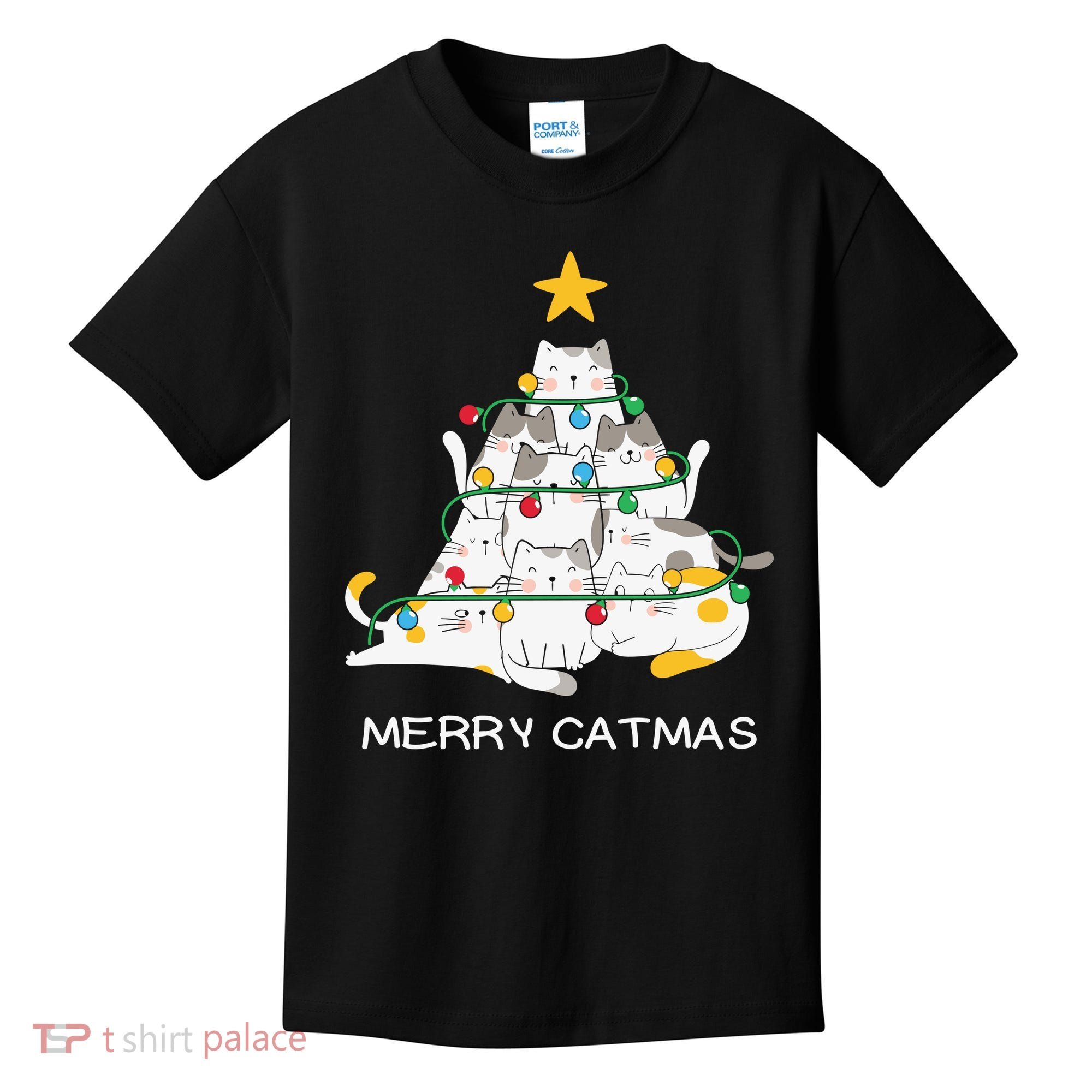 Merry Catmas Cat Christmas Tree Lights Funny Xmas Kids T-Shirt