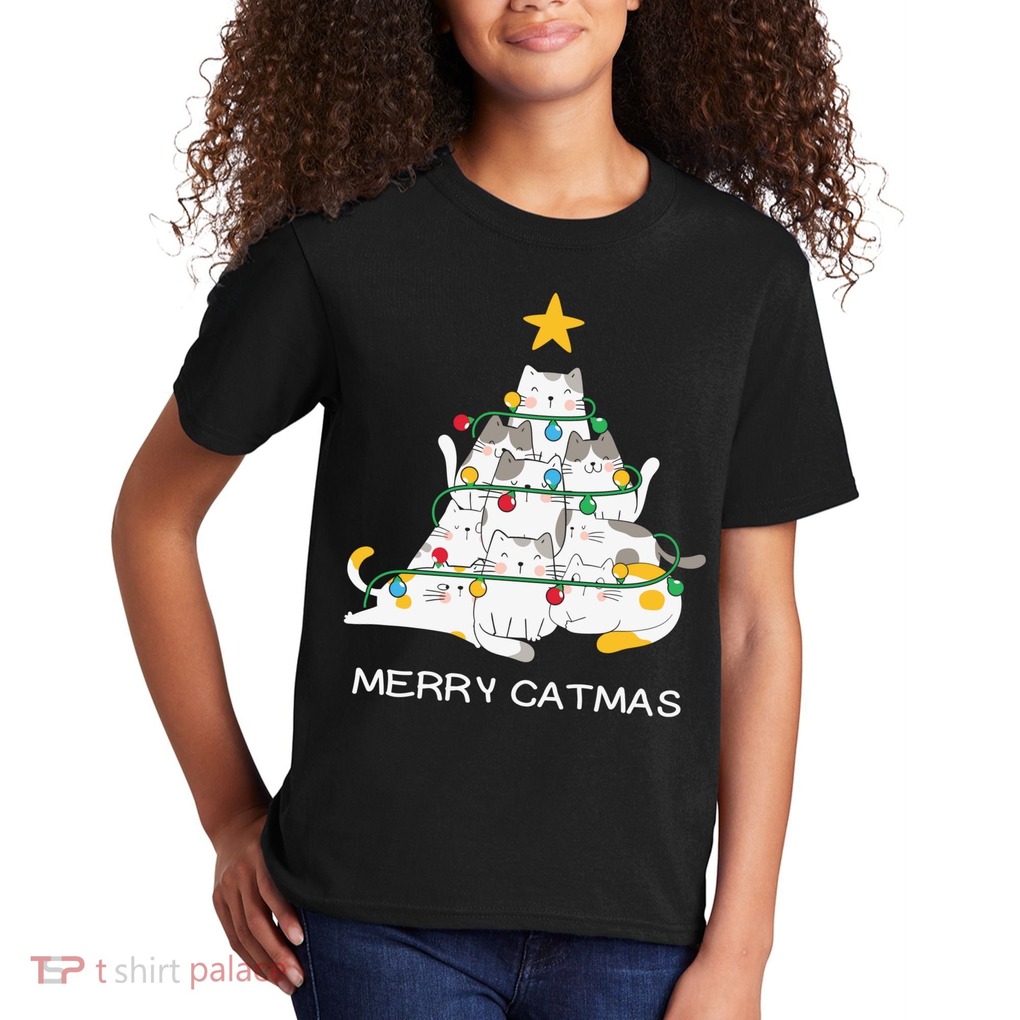 Merry Catmas Cat Christmas Tree Lights Funny Xmas Kids T-Shirt