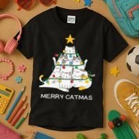 Merry Catmas Cat Christmas Tree Lights Funny Xmas Kids T-Shirt thumb 3