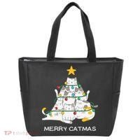 Merry Catmas Cat Christmas Tree Lights Funny Xmas Tote Bag thumb 0