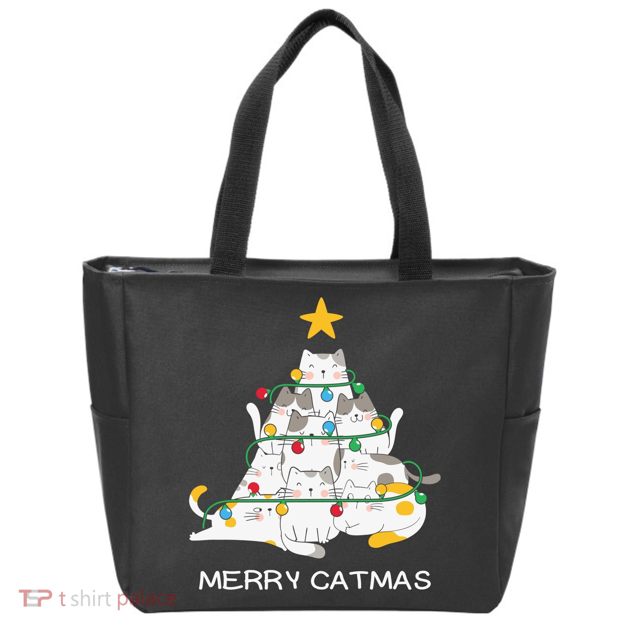 Merry Catmas Cat Christmas Tree Lights Funny Xmas Tote Bag