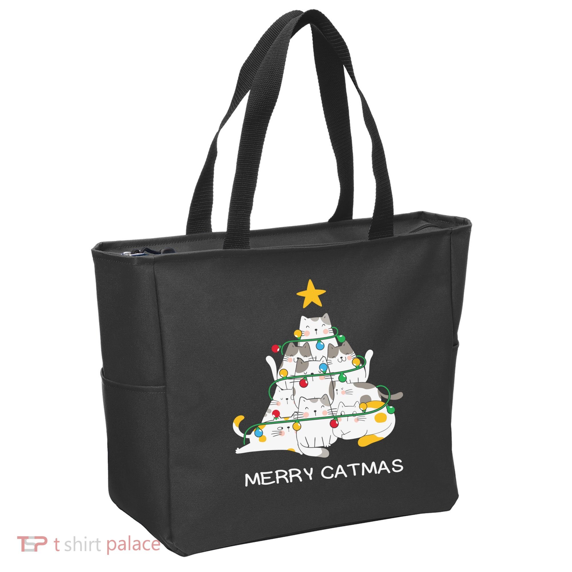 Merry Catmas Cat Christmas Tree Lights Funny Xmas Tote Bag