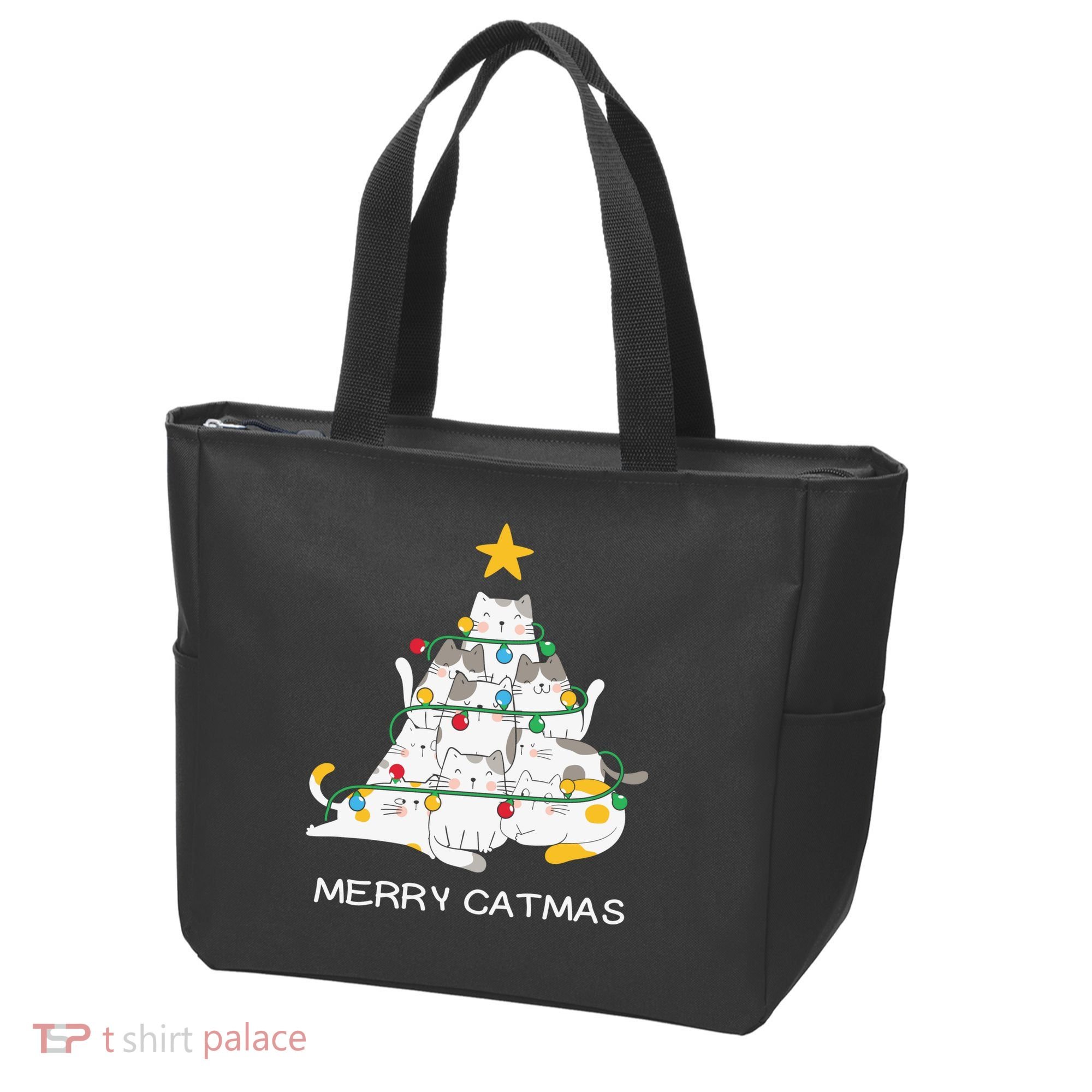 Merry Catmas Cat Christmas Tree Lights Funny Xmas Tote Bag