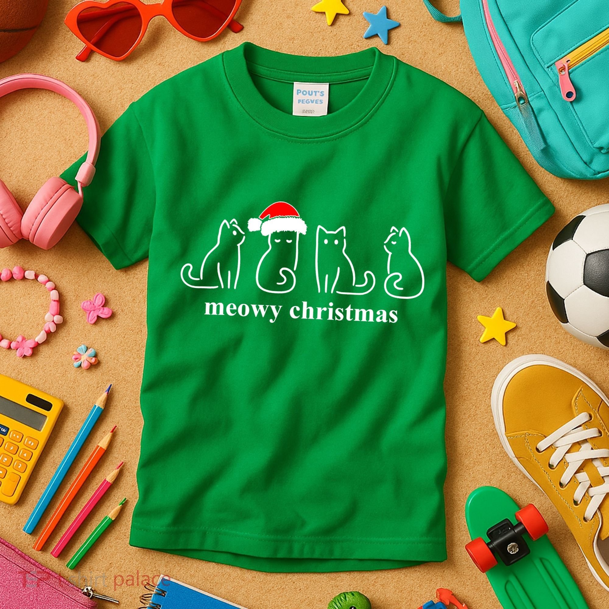 Meowy Catmas Cat Christmas Cute Kitten Cats Santa Hat Xmas Kids T-Shirt