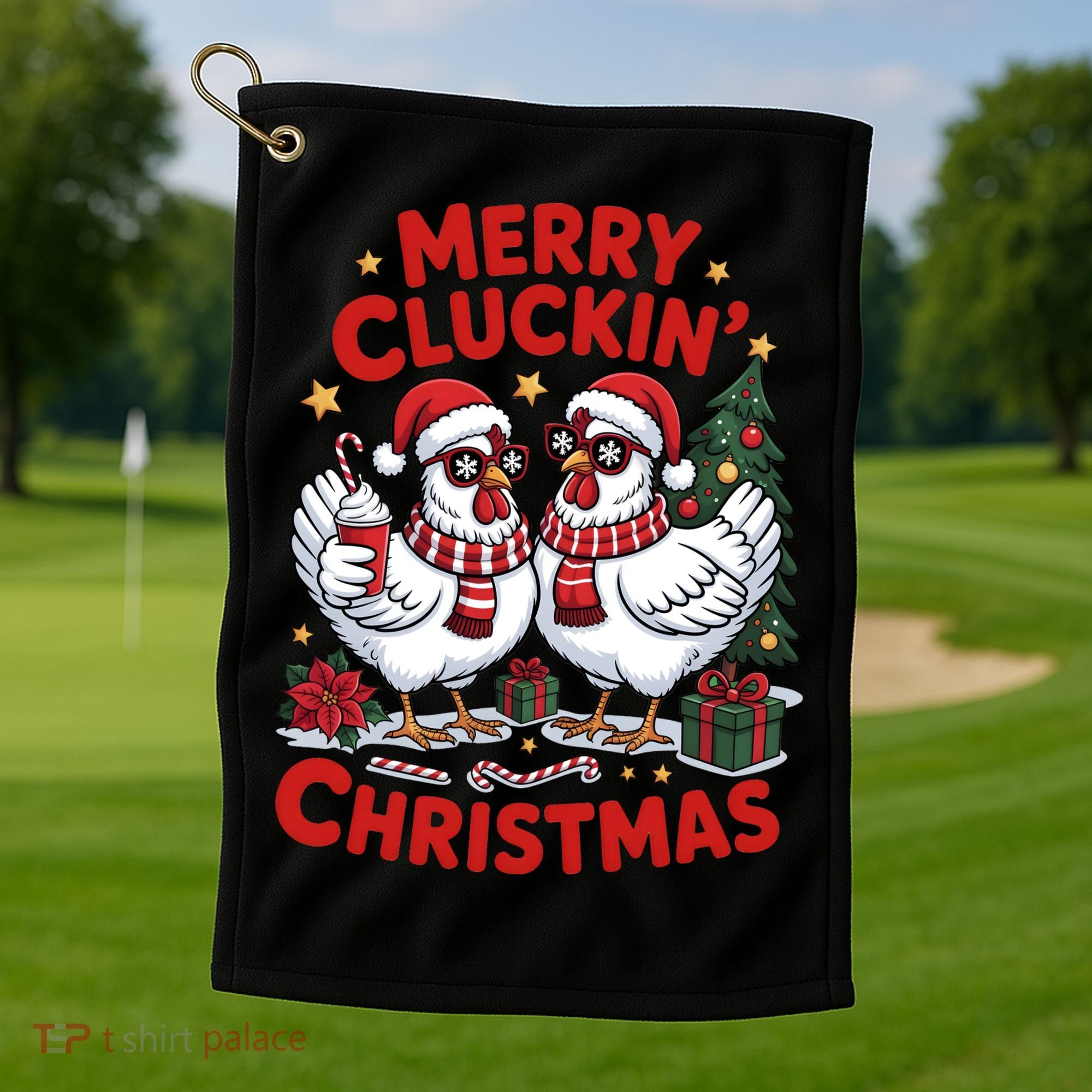 Merry Cluckin Christmas Chicken Funny Golf Towel