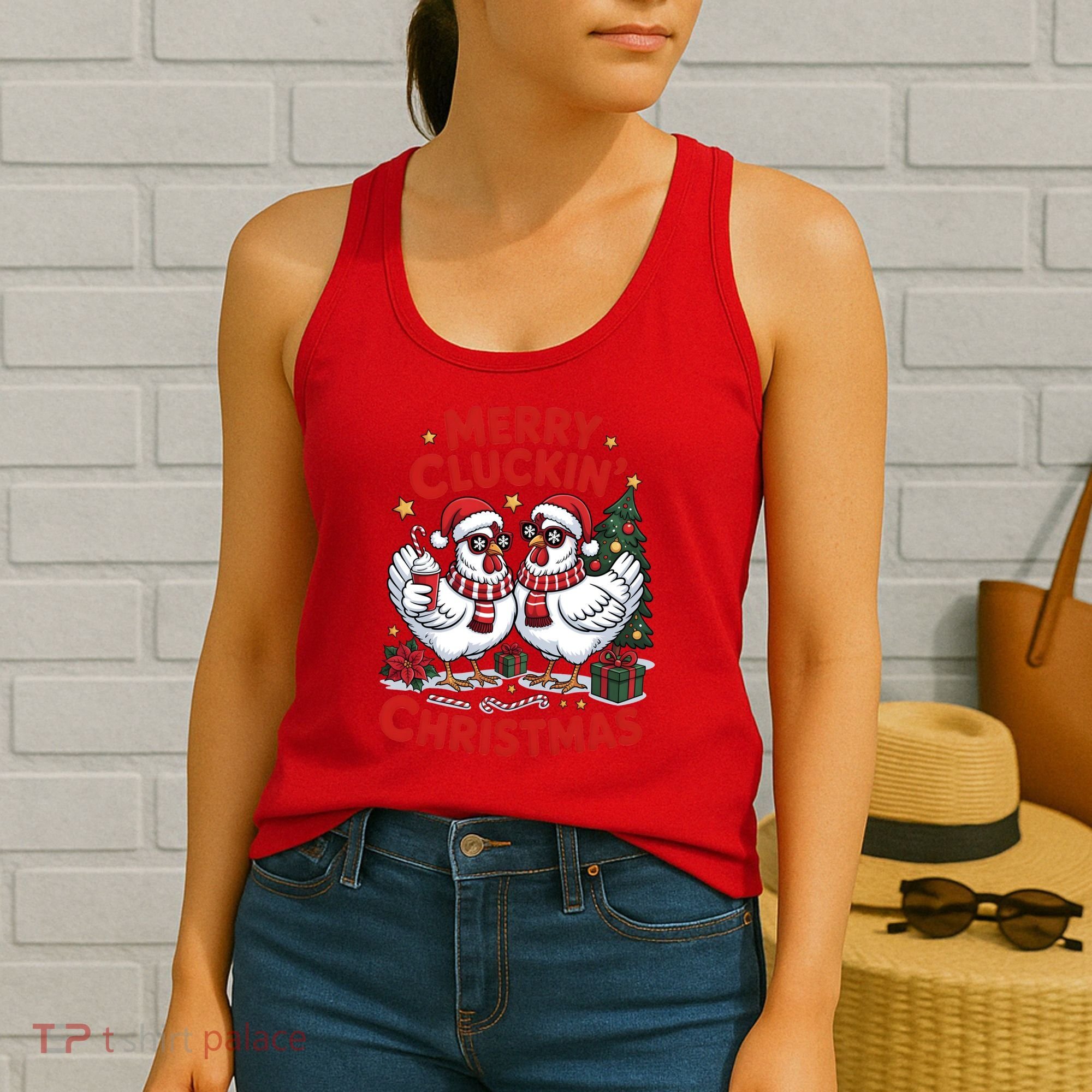 Merry Cluckin Christmas Chicken Funny Women's Tank Top