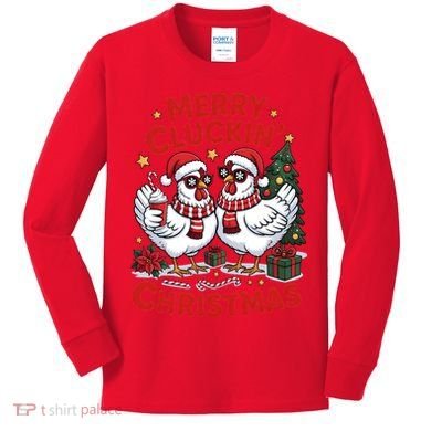 Merry Cluckin Christmas Chicken Funny Kids Long Sleeve Shirt
