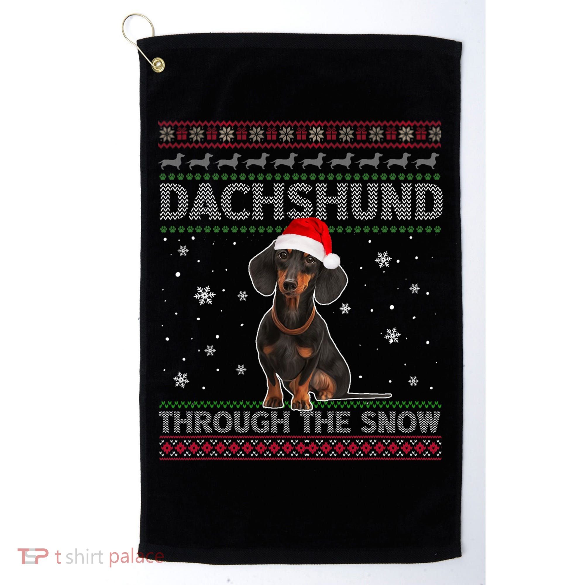 Merry Christmas Dachshund Dog Through The Snow Ugly Sweater Gift Golf Towel