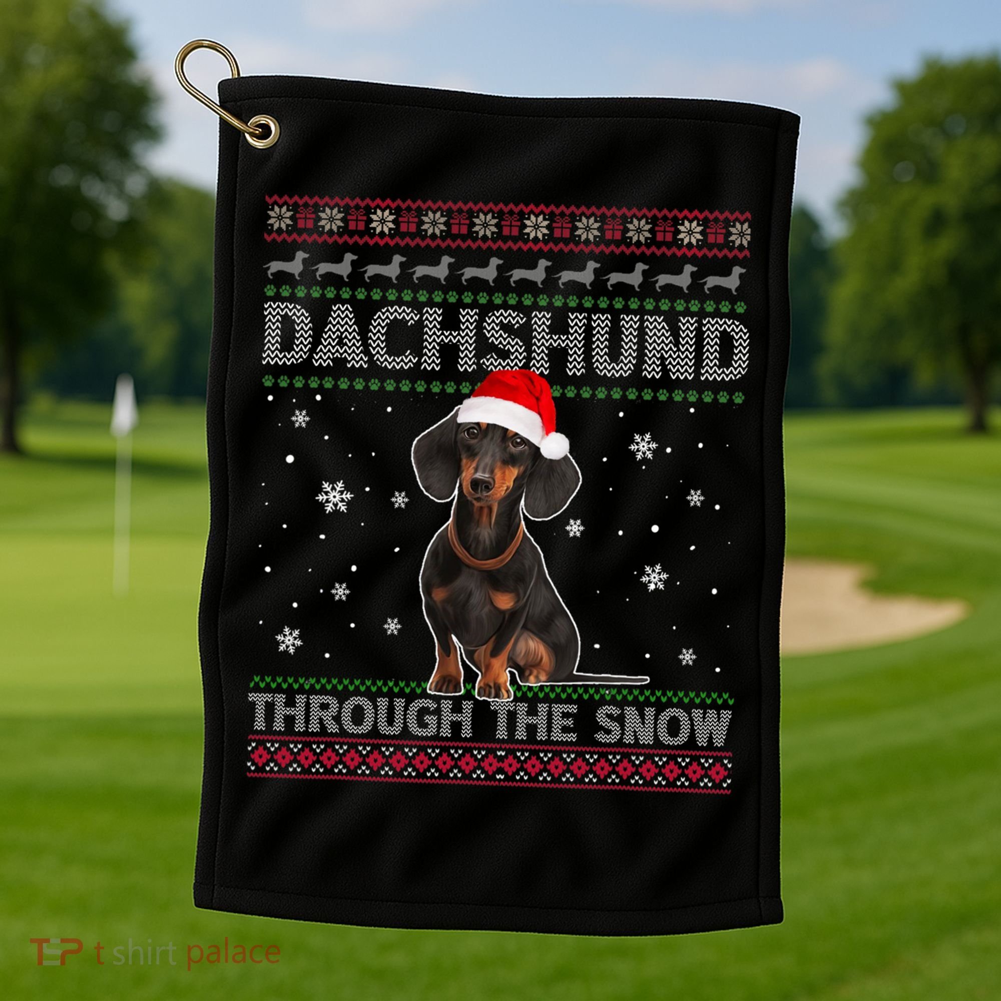 Merry Christmas Dachshund Dog Through The Snow Ugly Sweater Gift Golf Towel