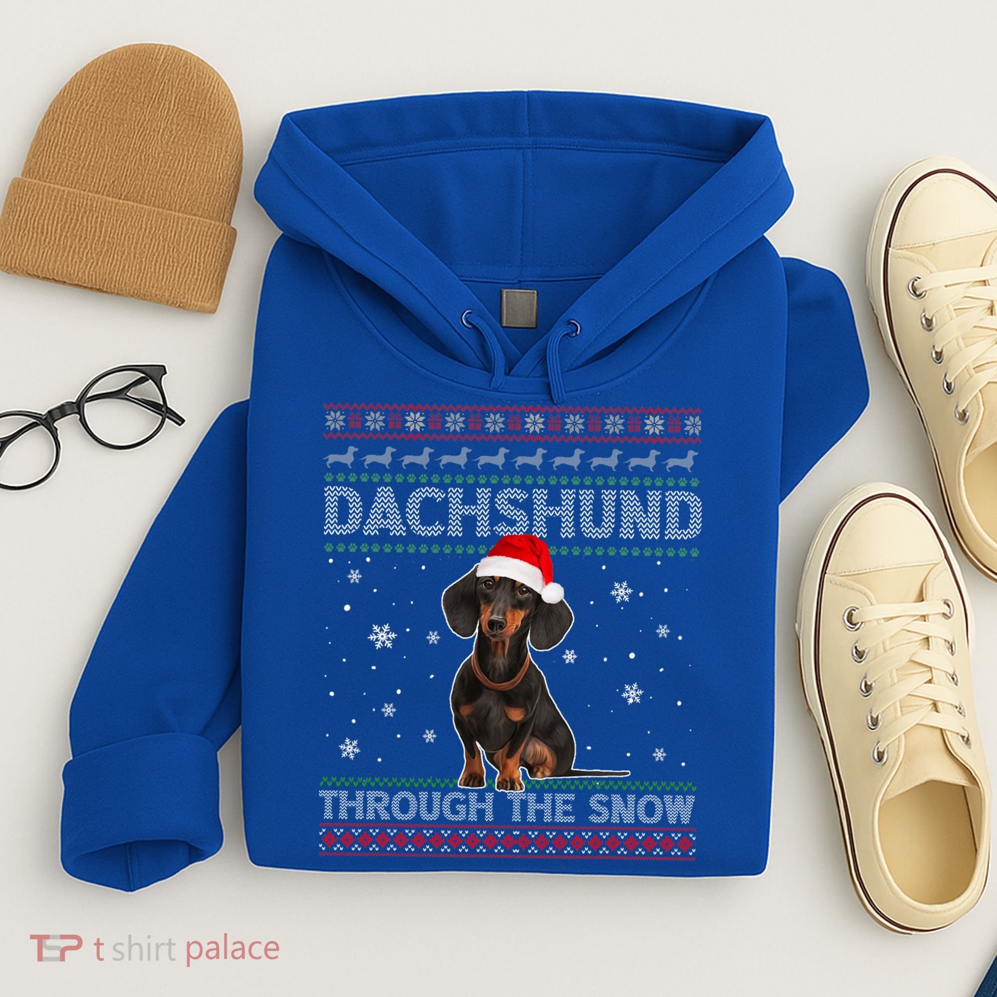 Merry Christmas Dachshund Dog Through The Snow Ugly Sweater Gift Hoodie
