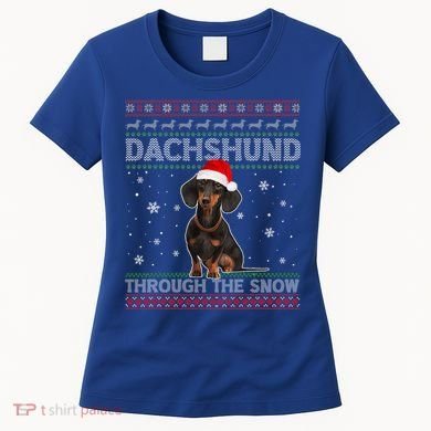 Merry Christmas Dachshund Dog Through The Snow Ugly Sweater Gift Women's T-Shirt