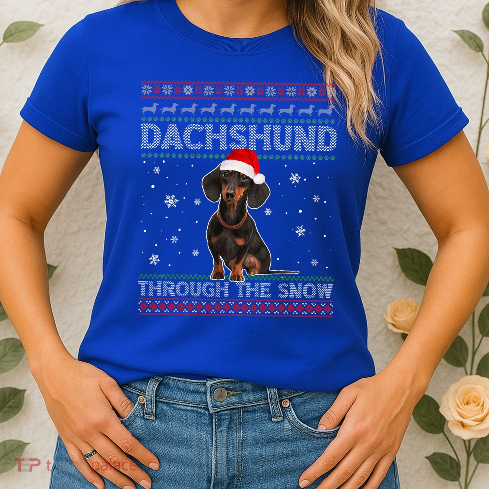 Merry Christmas Dachshund Dog Through The Snow Ugly Sweater Gift Women's T-Shirt