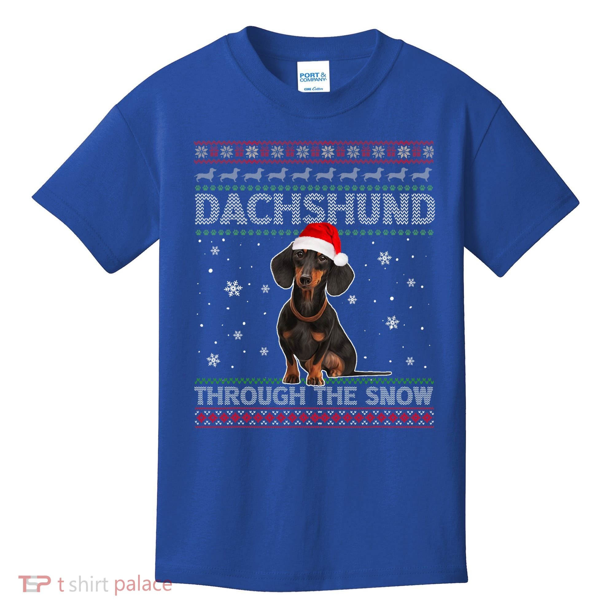 Merry Christmas Dachshund Dog Through The Snow Ugly Sweater Gift Kids T-Shirt