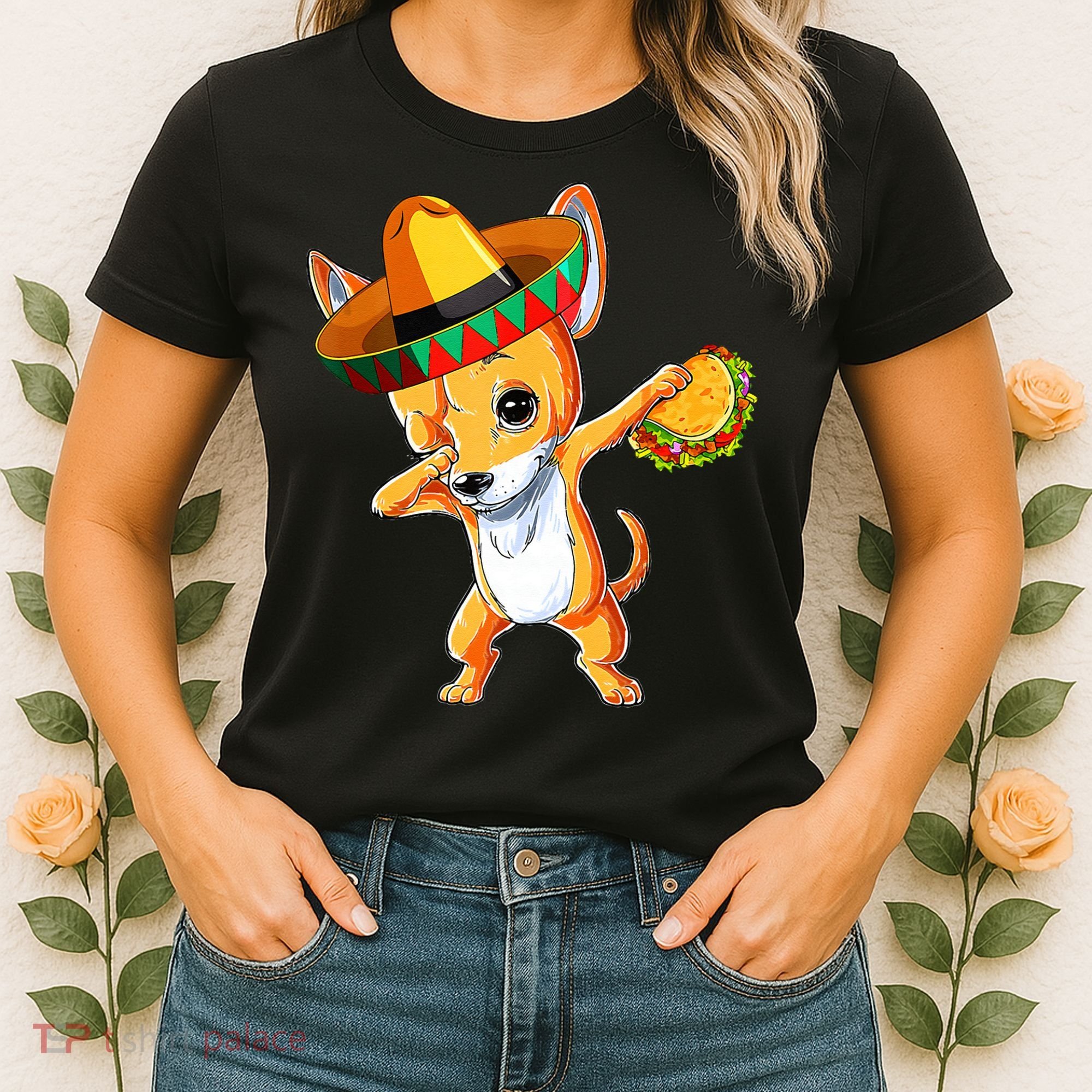 Mexican Chihuahua Dog Dabbing Sombrero Taco Cinco De Mayo Women's T-Shirt