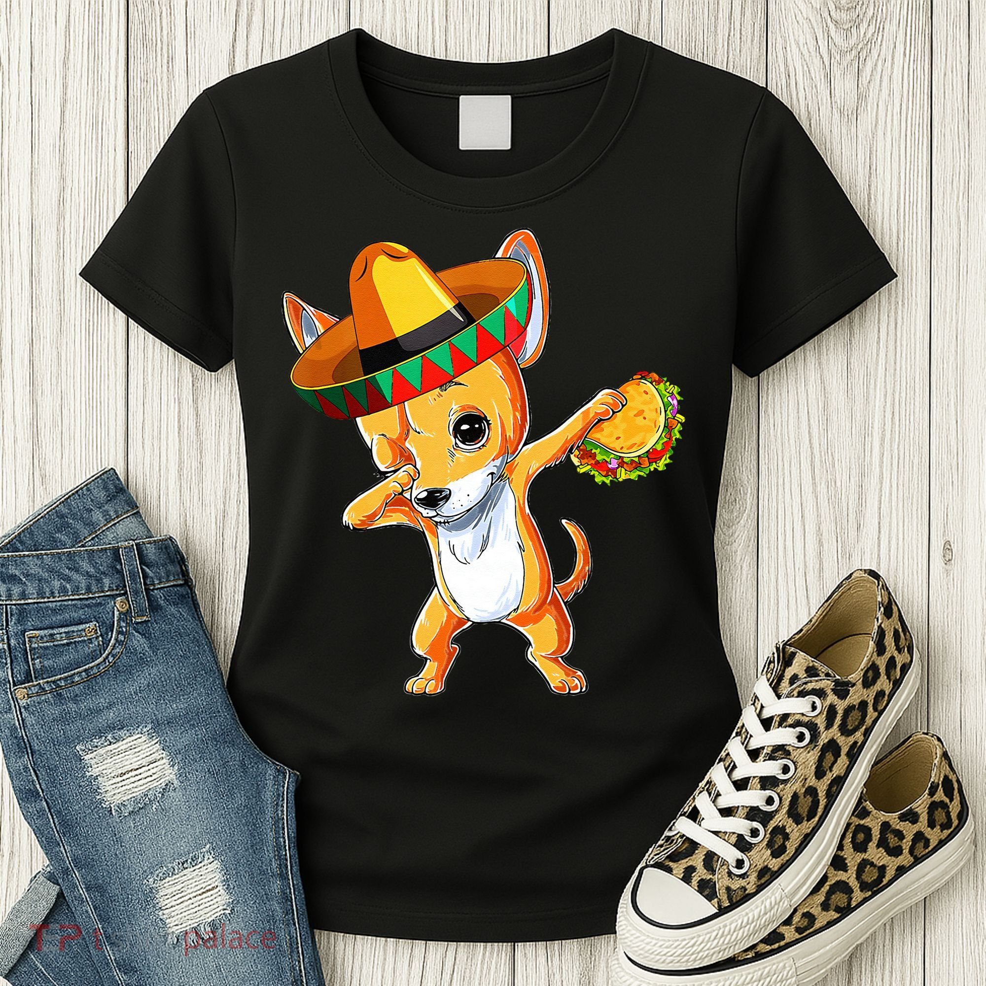 Mexican Chihuahua Dog Dabbing Sombrero Taco Cinco De Mayo Women's T-Shirt