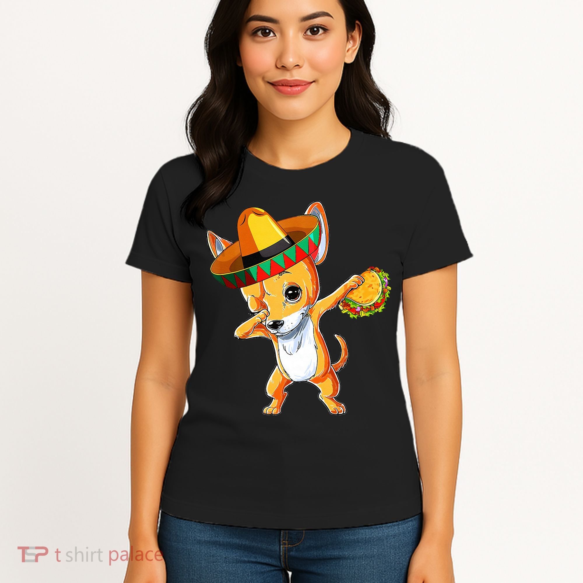 Mexican Chihuahua Dog Dabbing Sombrero Taco Cinco De Mayo Women's T-Shirt