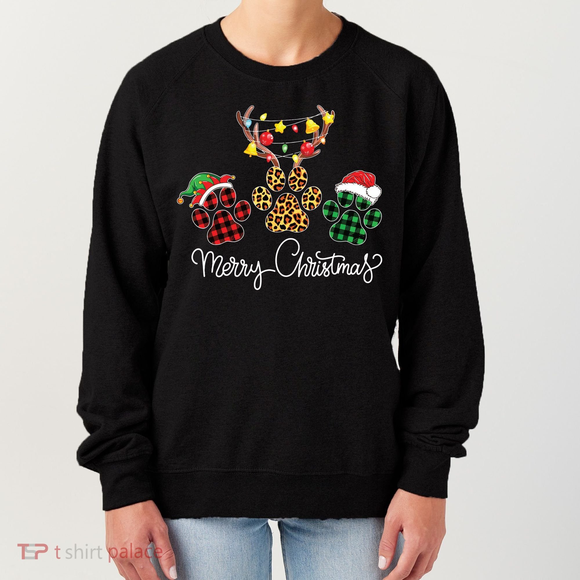 Merry Christmas Dog Paws Lights Buffalo Plaid Leopard Xmas Women's Sweatshirt
