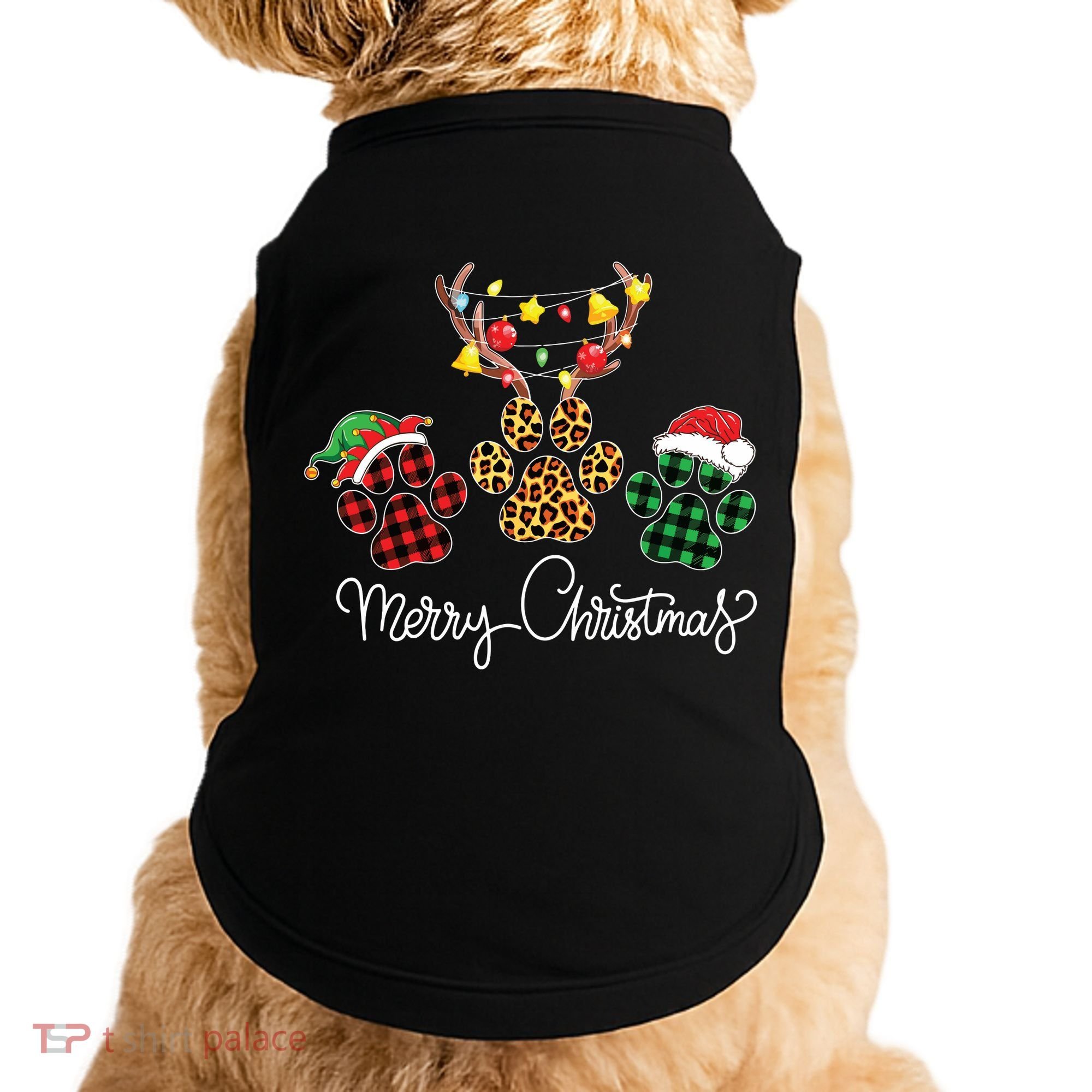 Merry Christmas Dog Paws Lights Buffalo Plaid Leopard Xmas Doggie Tank
