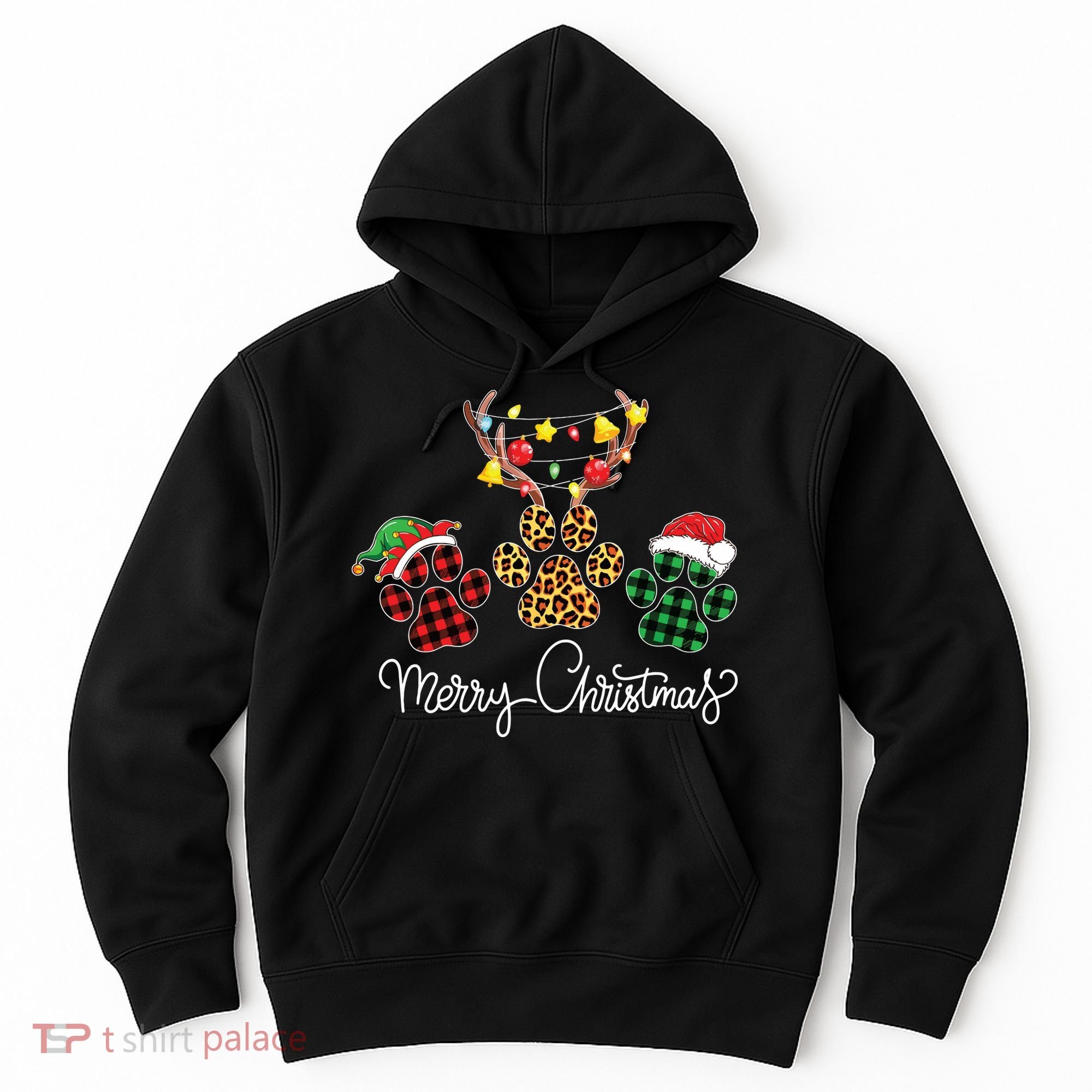 Merry Christmas Dog Paws Lights Buffalo Plaid Leopard Xmas Hoodie