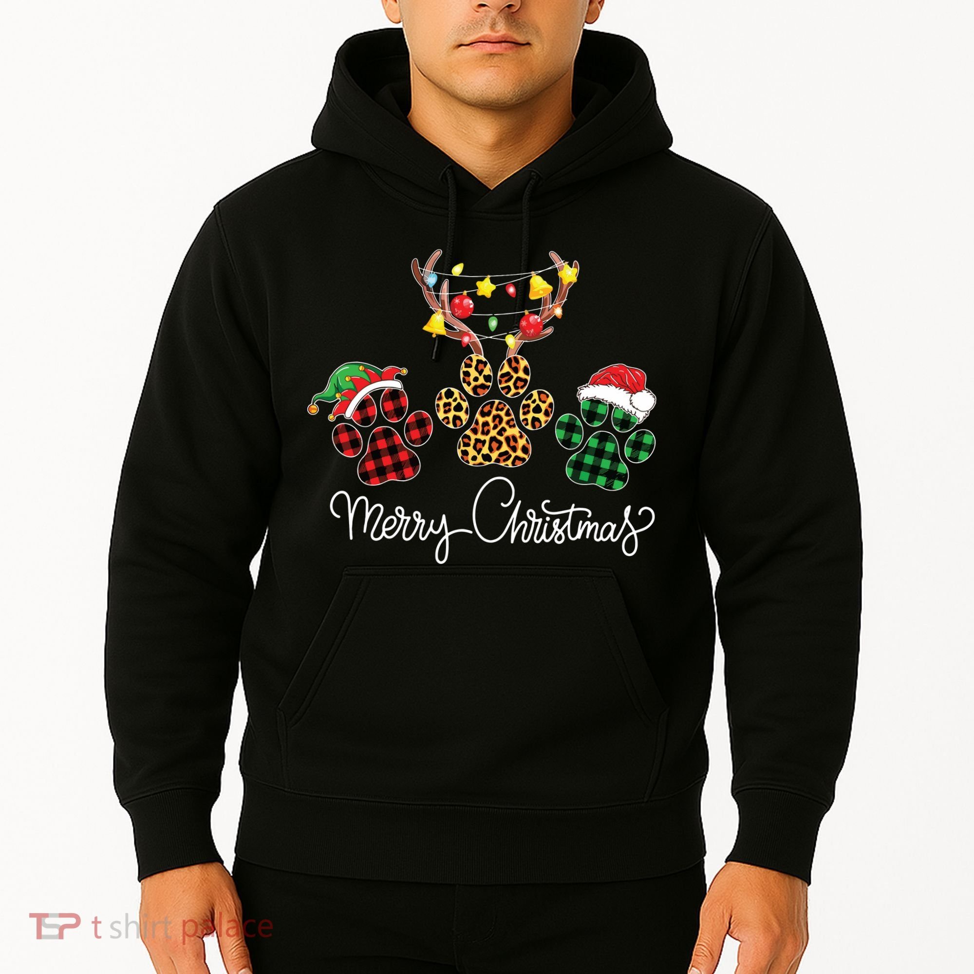 Merry Christmas Dog Paws Lights Buffalo Plaid Leopard Xmas Hoodie