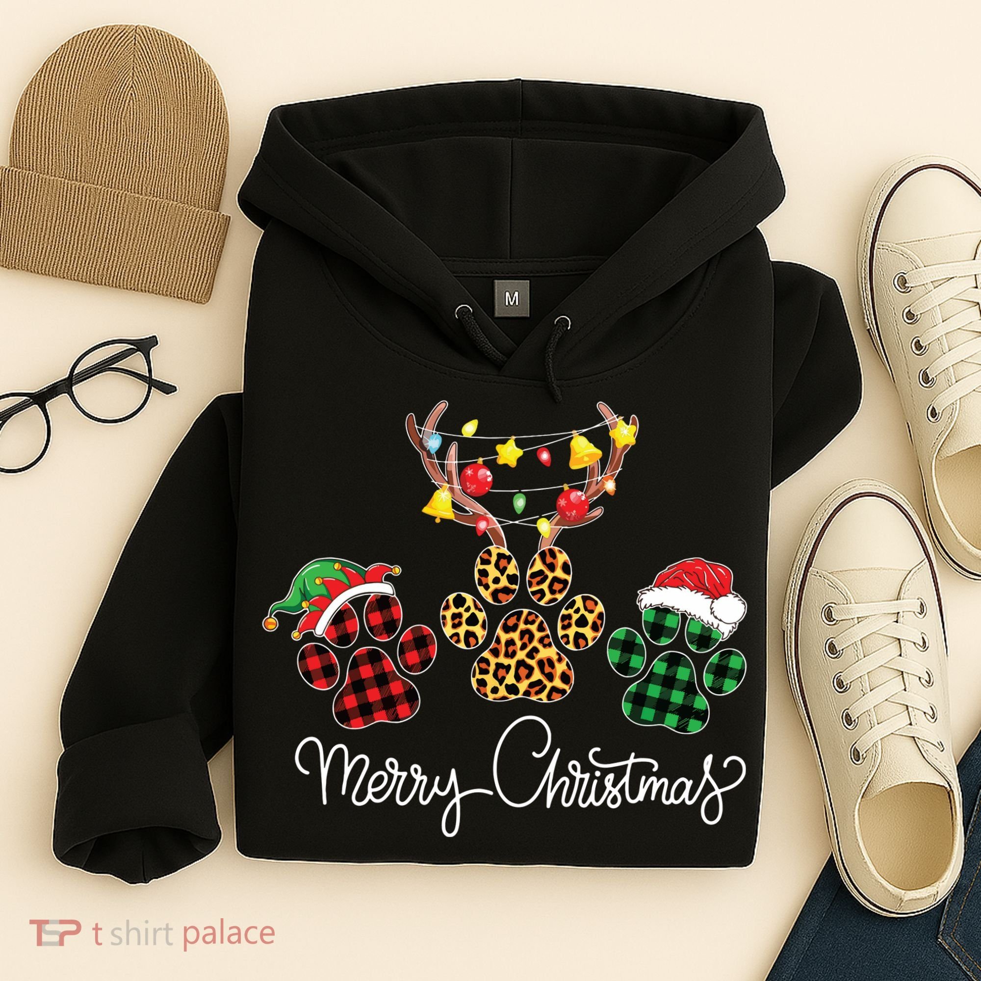 Merry Christmas Dog Paws Lights Buffalo Plaid Leopard Xmas Hoodie