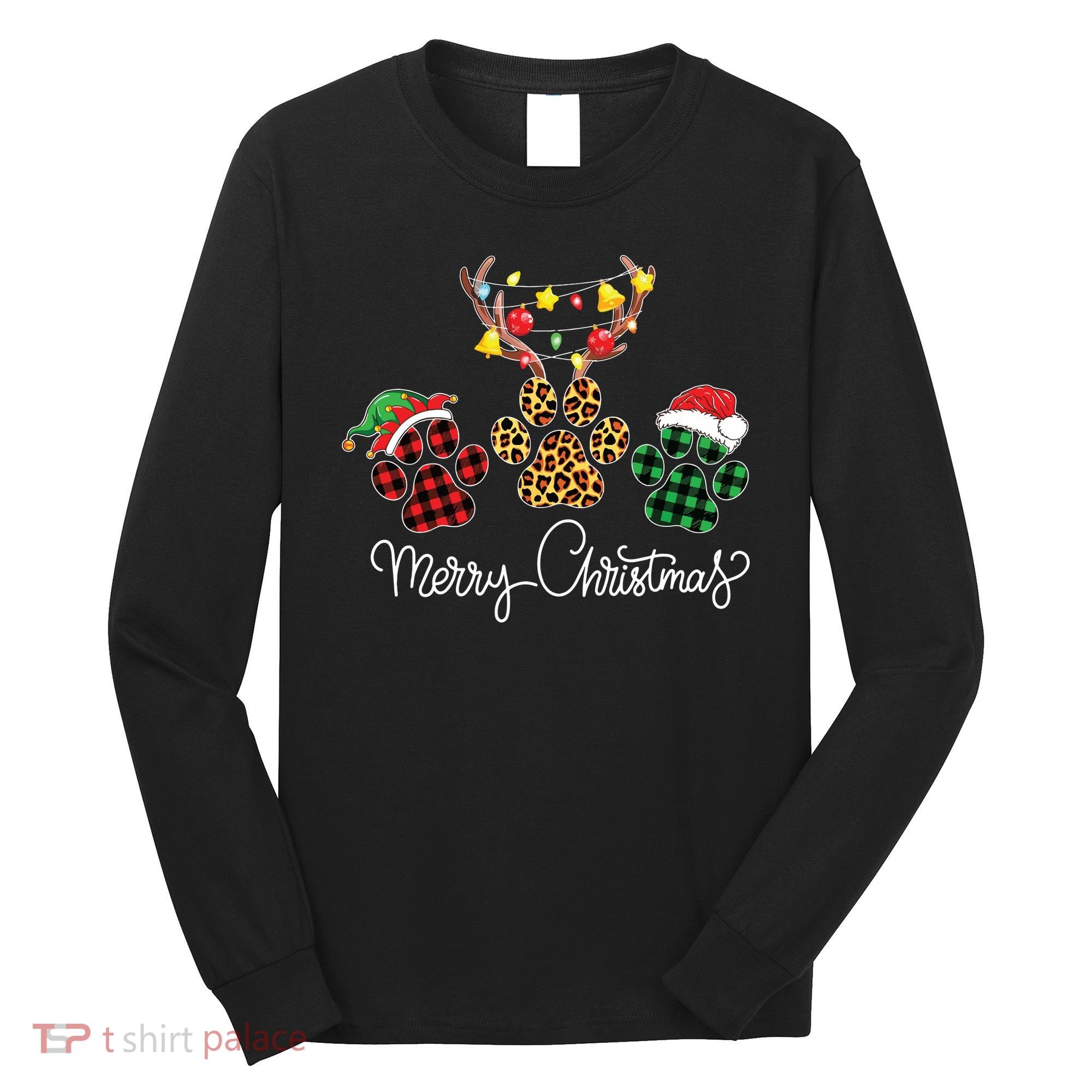Merry Christmas Dog Paws Lights Buffalo Plaid Leopard Xmas Long Sleeve Shirt