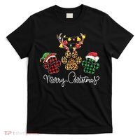 Merry Christmas Dog Paws Lights Buffalo Plaid Leopard Xmas T-Shirt thumb 0
