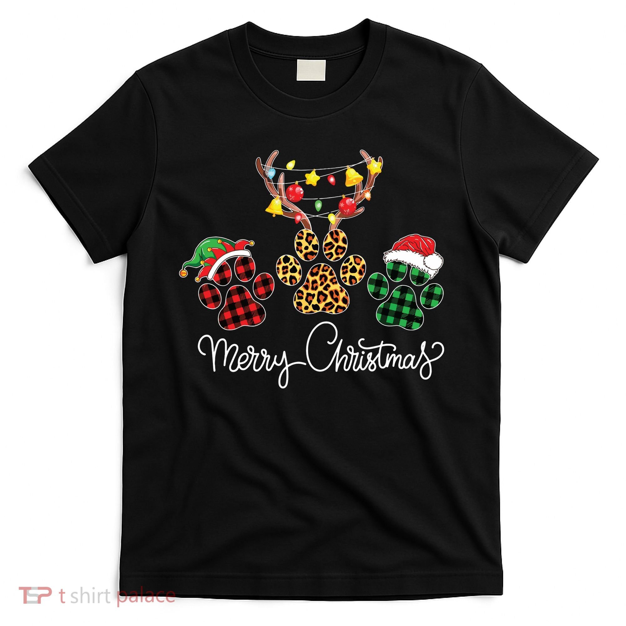 Merry Christmas Dog Paws Lights Buffalo Plaid Leopard Xmas T-Shirt