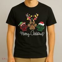 Merry Christmas Dog Paws Lights Buffalo Plaid Leopard Xmas T-Shirt thumb 3