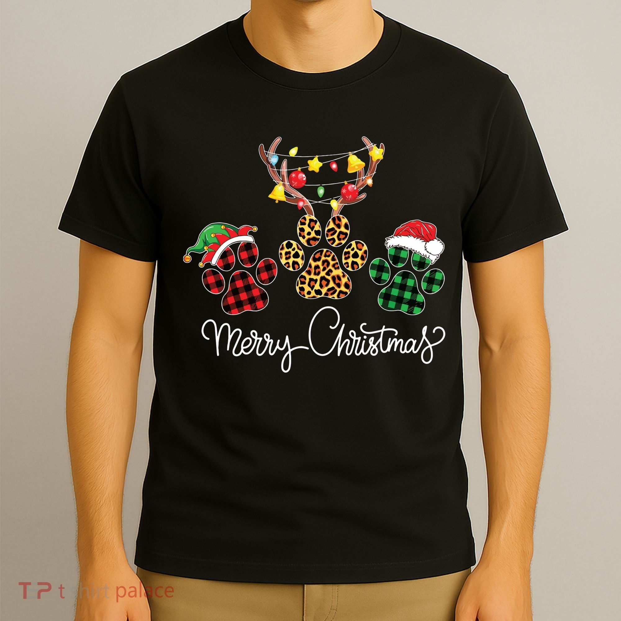 Merry Christmas Dog Paws Lights Buffalo Plaid Leopard Xmas T-Shirt