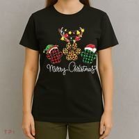 Merry Christmas Dog Paws Lights Buffalo Plaid Leopard Xmas T-Shirt thumb 4