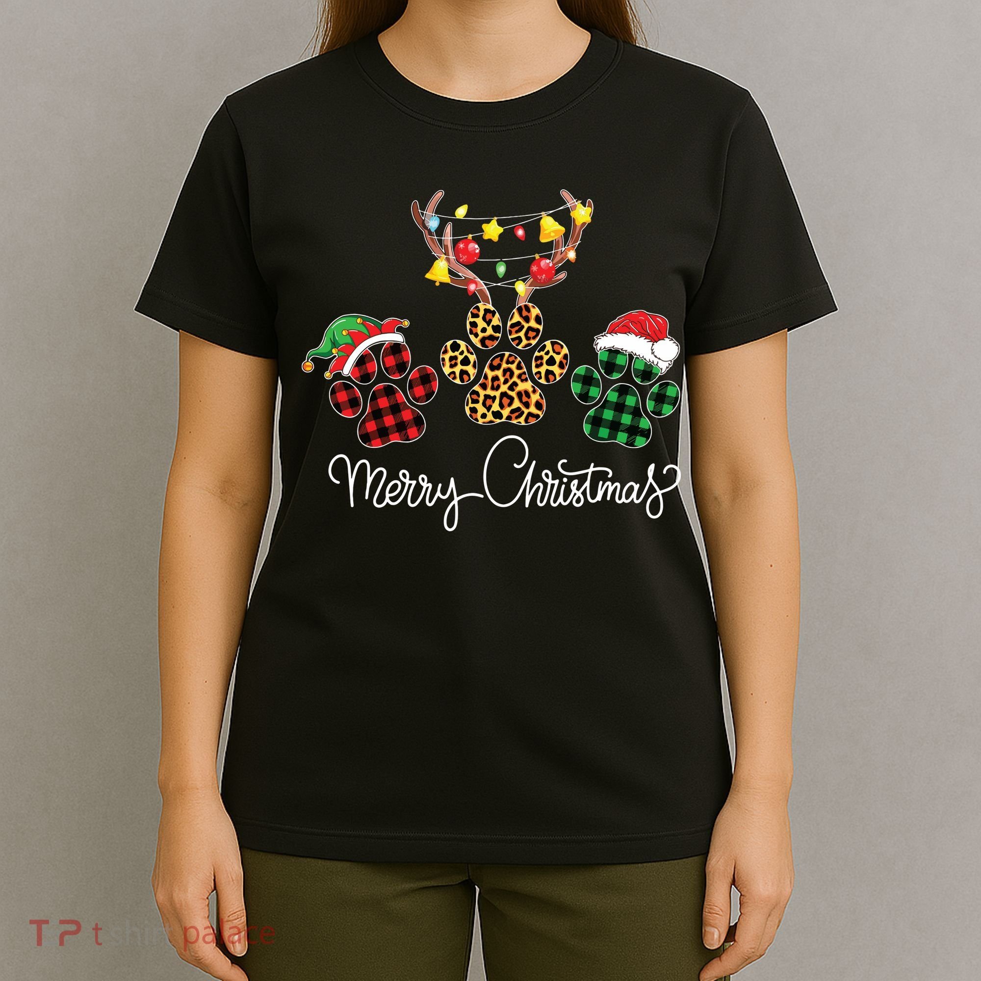 Merry Christmas Dog Paws Lights Buffalo Plaid Leopard Xmas T-Shirt
