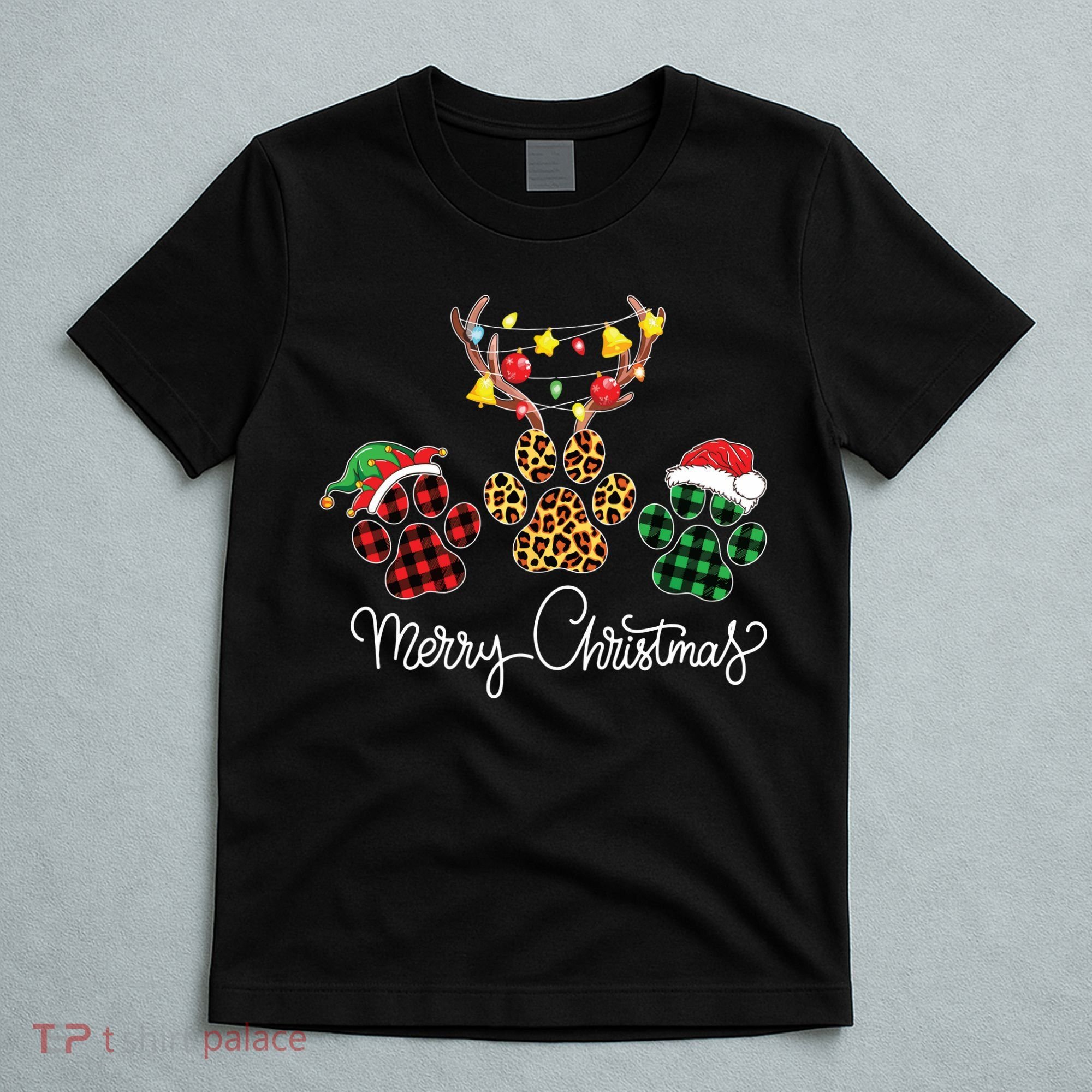 Merry Christmas Dog Paws Lights Buffalo Plaid Leopard Xmas T-Shirt