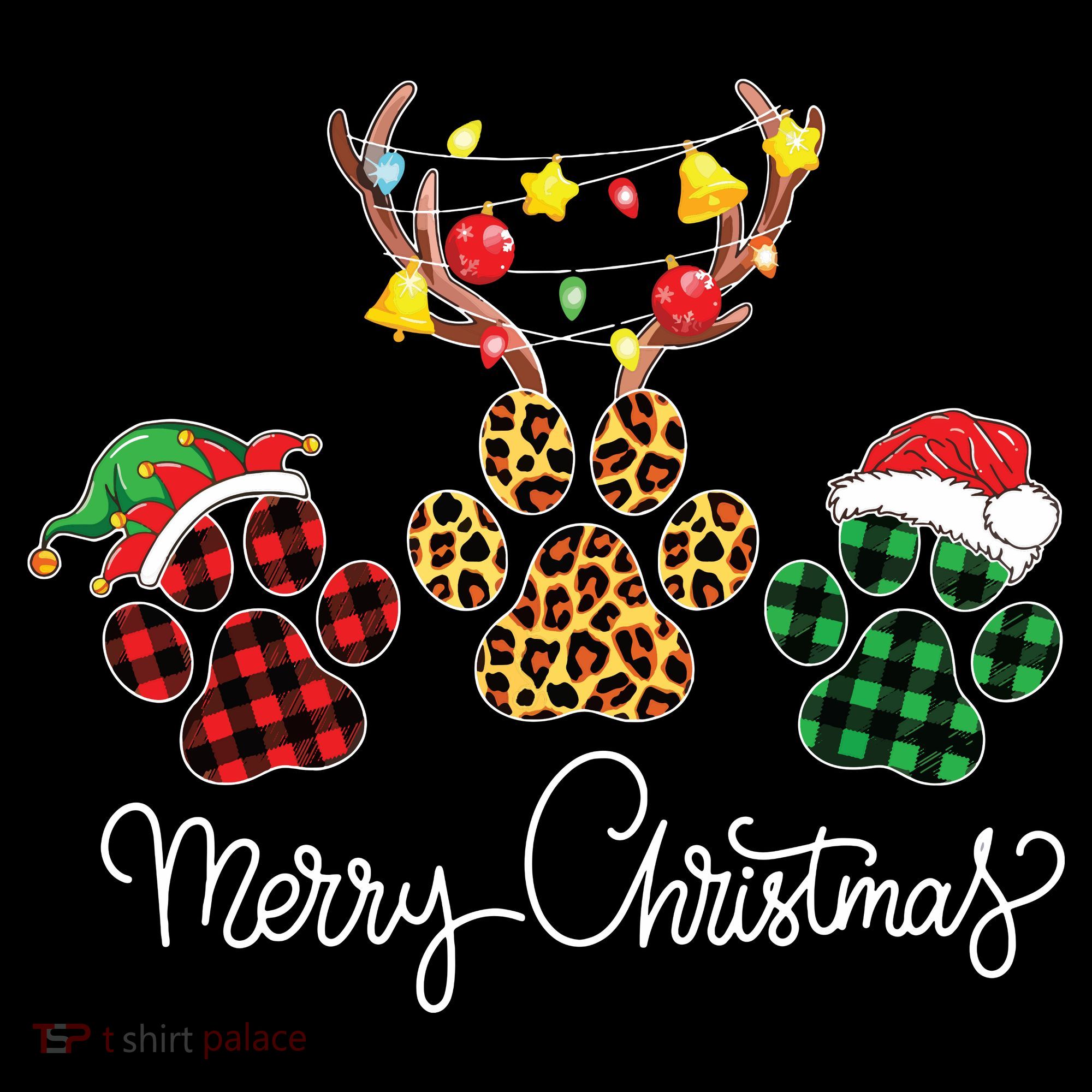 Merry Christmas Dog Paws Lights Buffalo Plaid Leopard Xmas T-Shirt