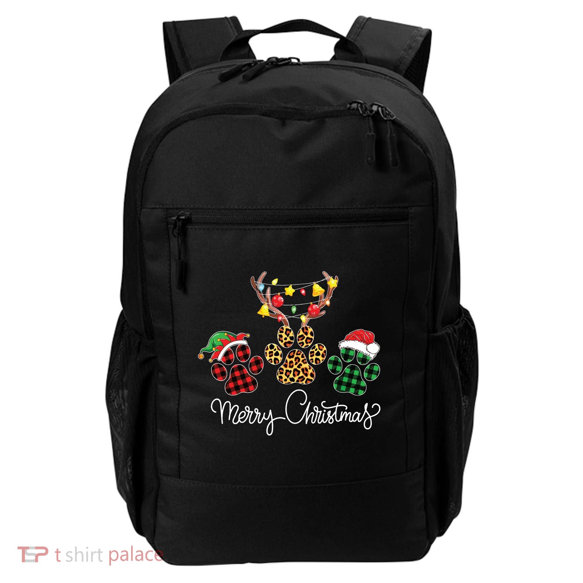 Merry Christmas Dog Paws Lights Buffalo Plaid Leopard Xmas Backpack