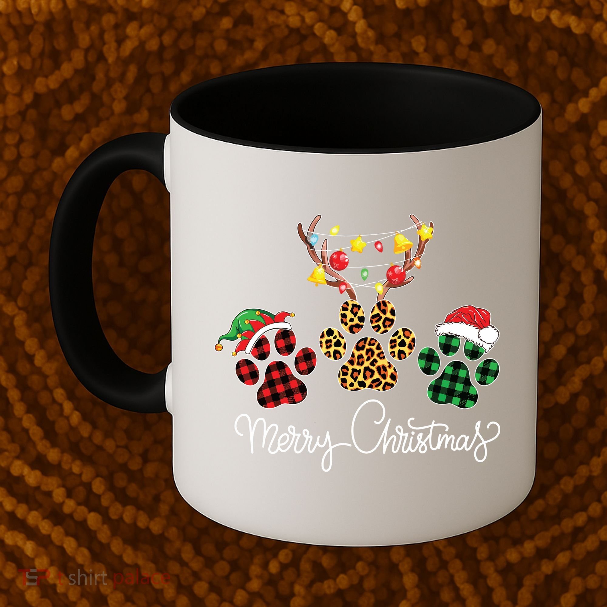 Merry Christmas Dog Paws Lights Buffalo Plaid Leopard Xmas Coffee Mug