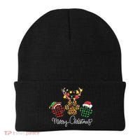 Merry Christmas Dog Paws Lights Buffalo Plaid Leopard Xmas Beanie thumb 0