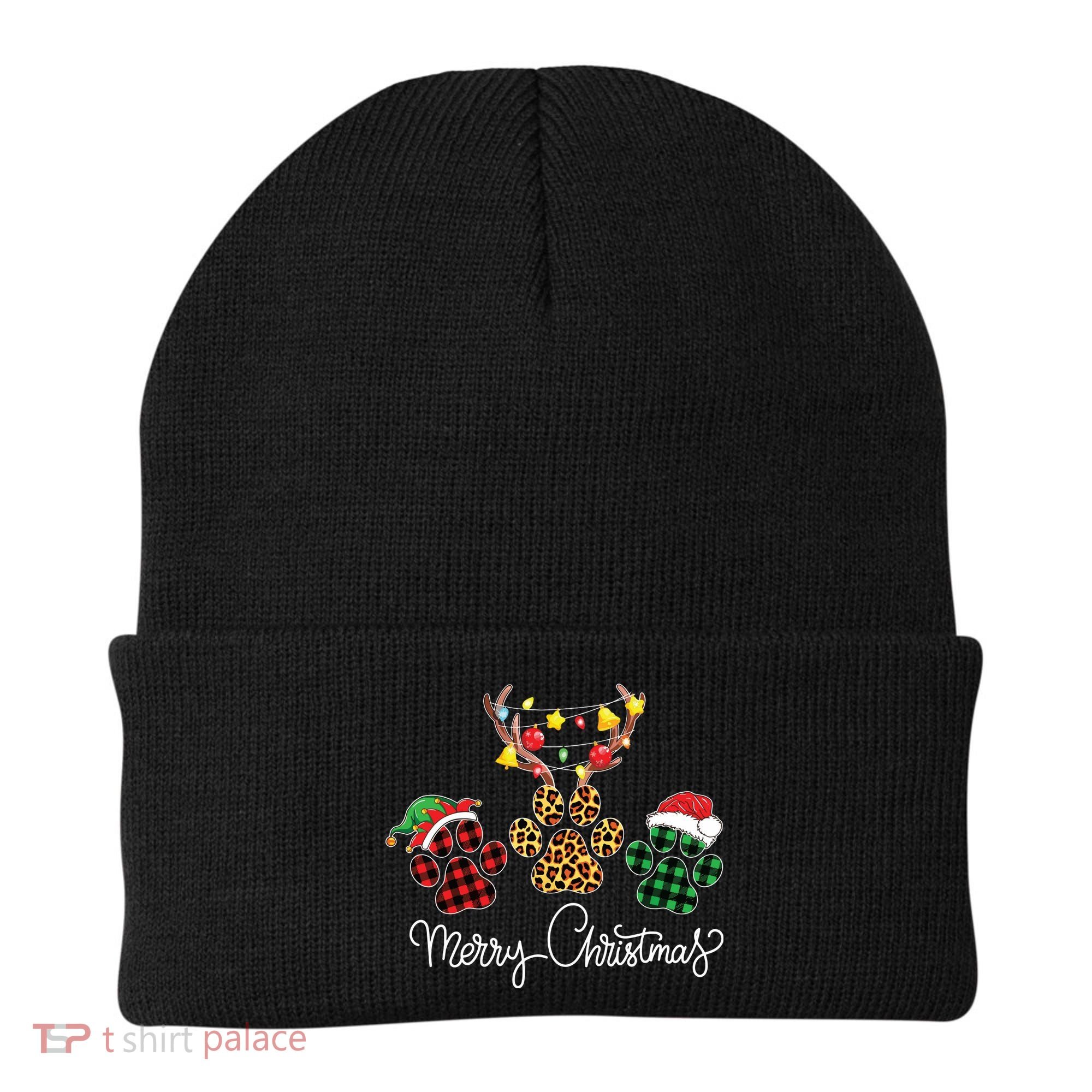 Merry Christmas Dog Paws Lights Buffalo Plaid Leopard Xmas Beanie