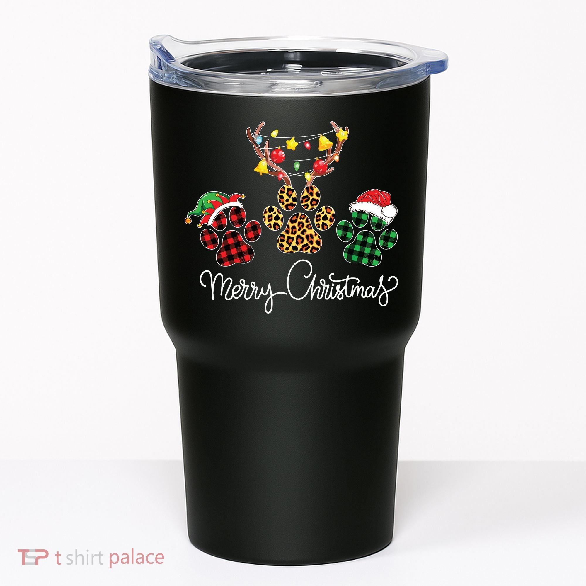 Merry Christmas Dog Paws Lights Buffalo Plaid Leopard Xmas Tumbler