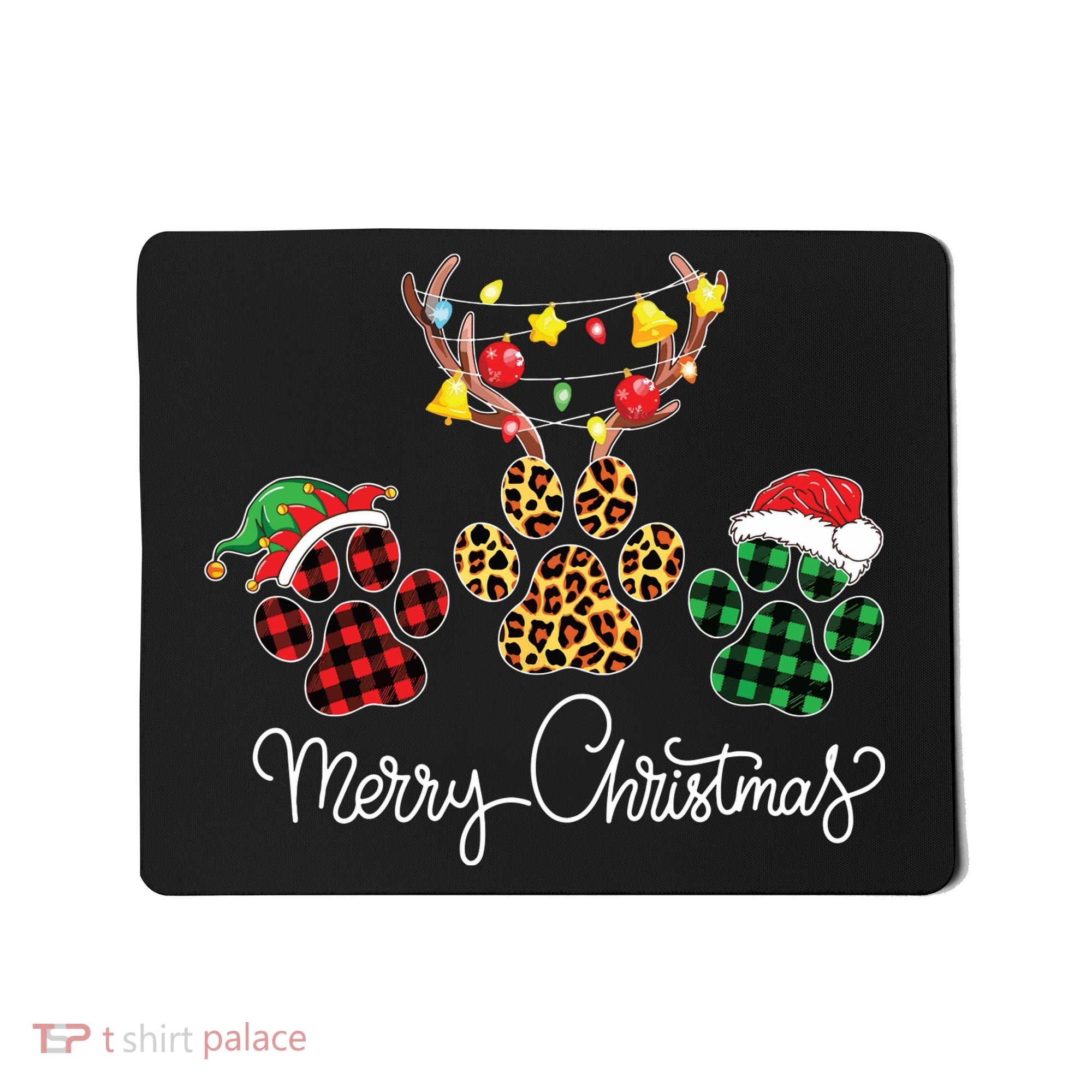 Merry Christmas Dog Paws Lights Buffalo Plaid Leopard Xmas Mousepad