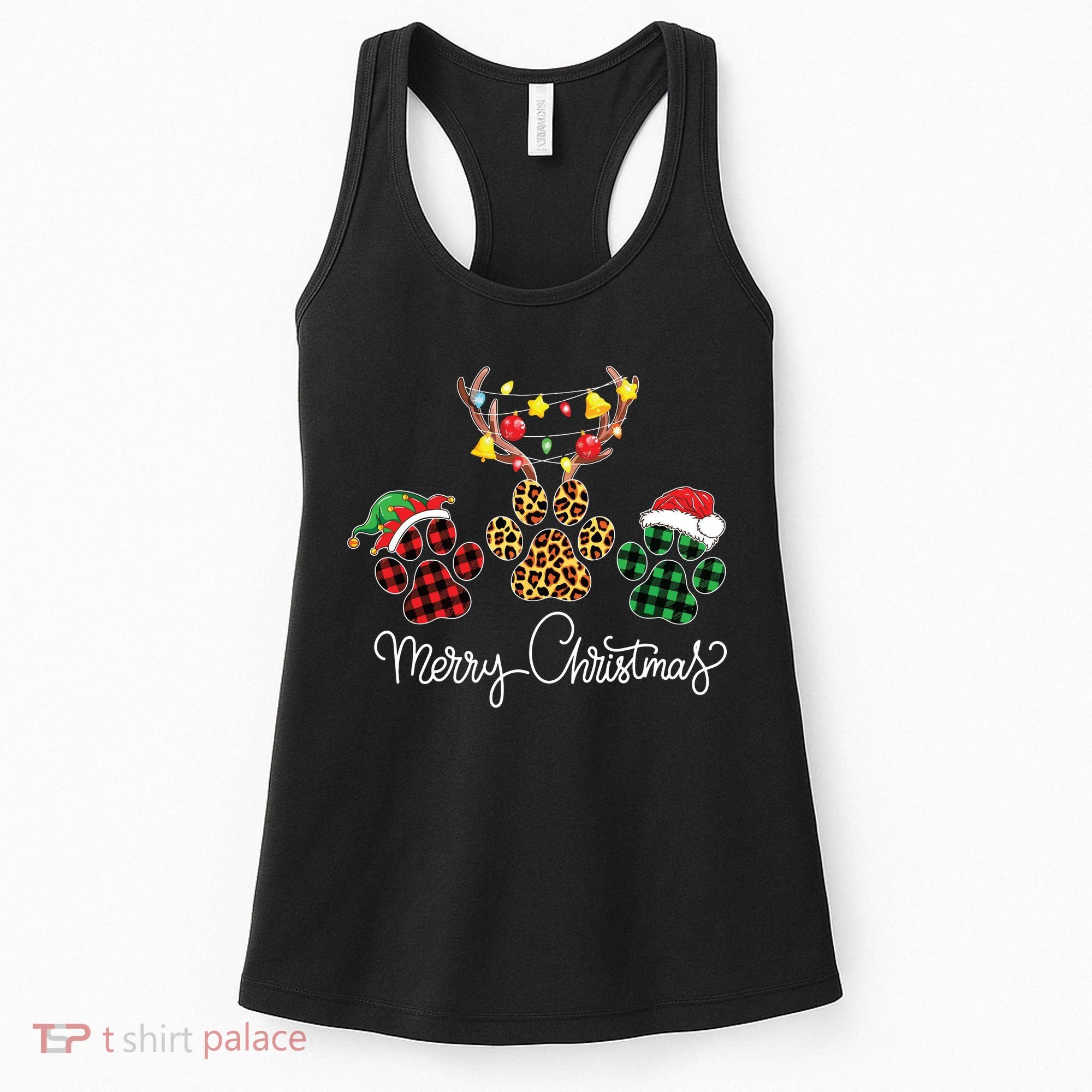Merry Christmas Dog Paws Lights Buffalo Plaid Leopard Xmas Women's Tank Top
