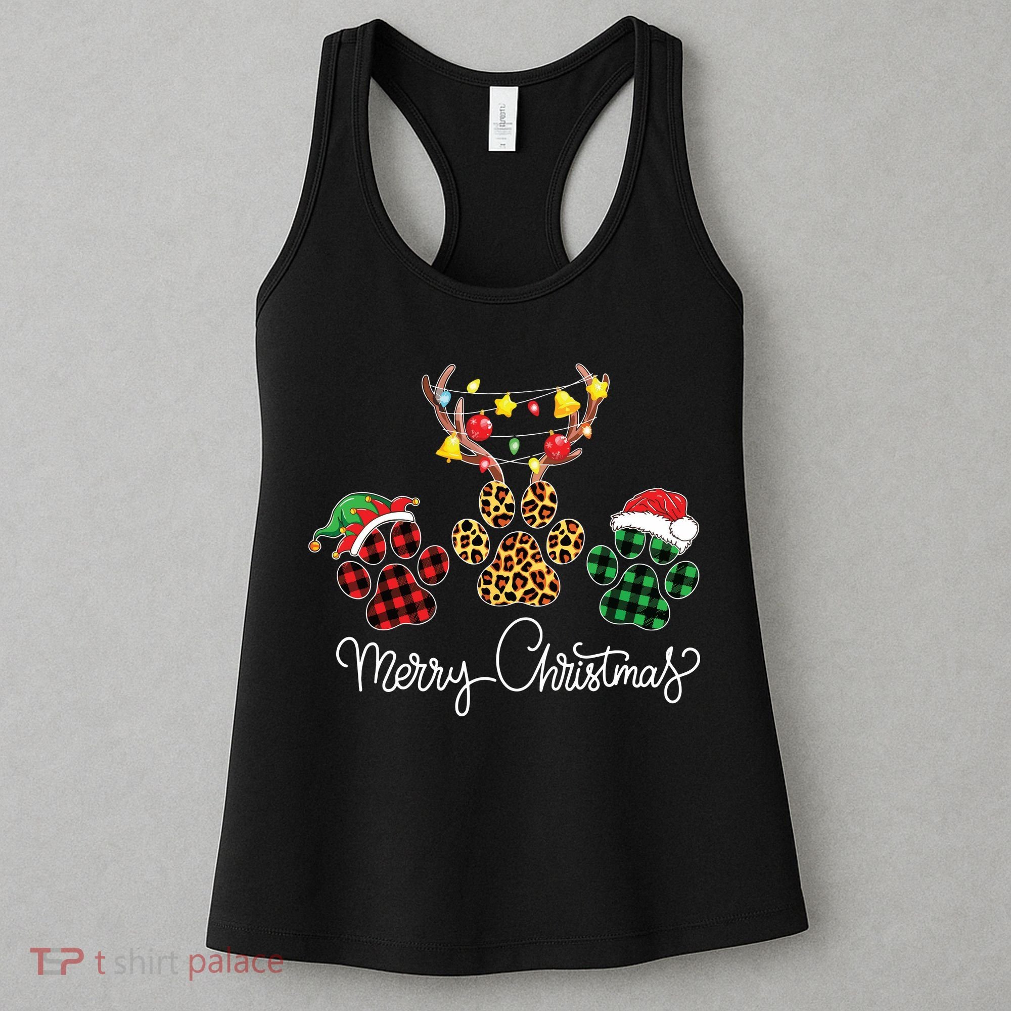 Merry Christmas Dog Paws Lights Buffalo Plaid Leopard Xmas Women's Tank Top