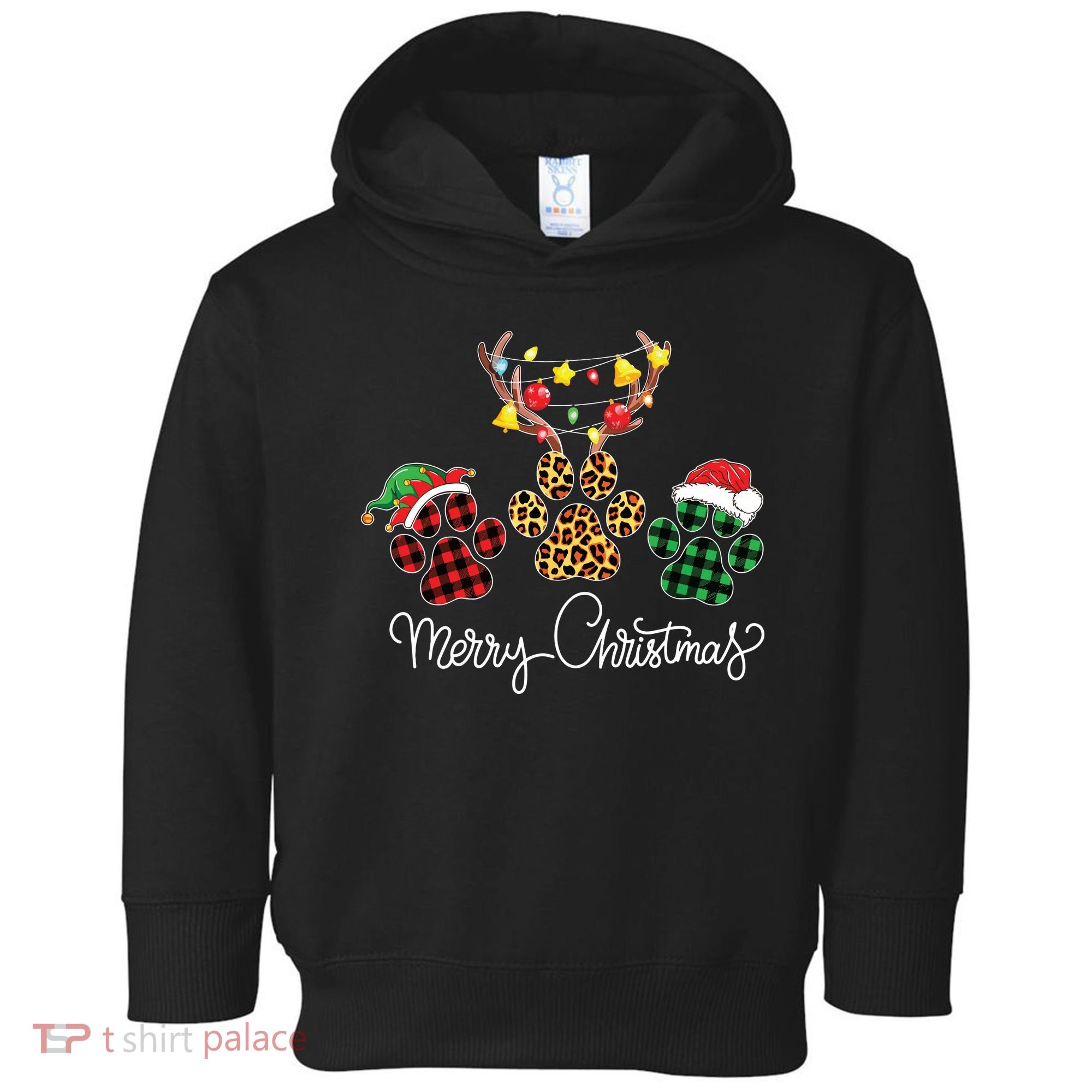 Merry Christmas Dog Paws Lights Buffalo Plaid Leopard Xmas Toddler Hoodie