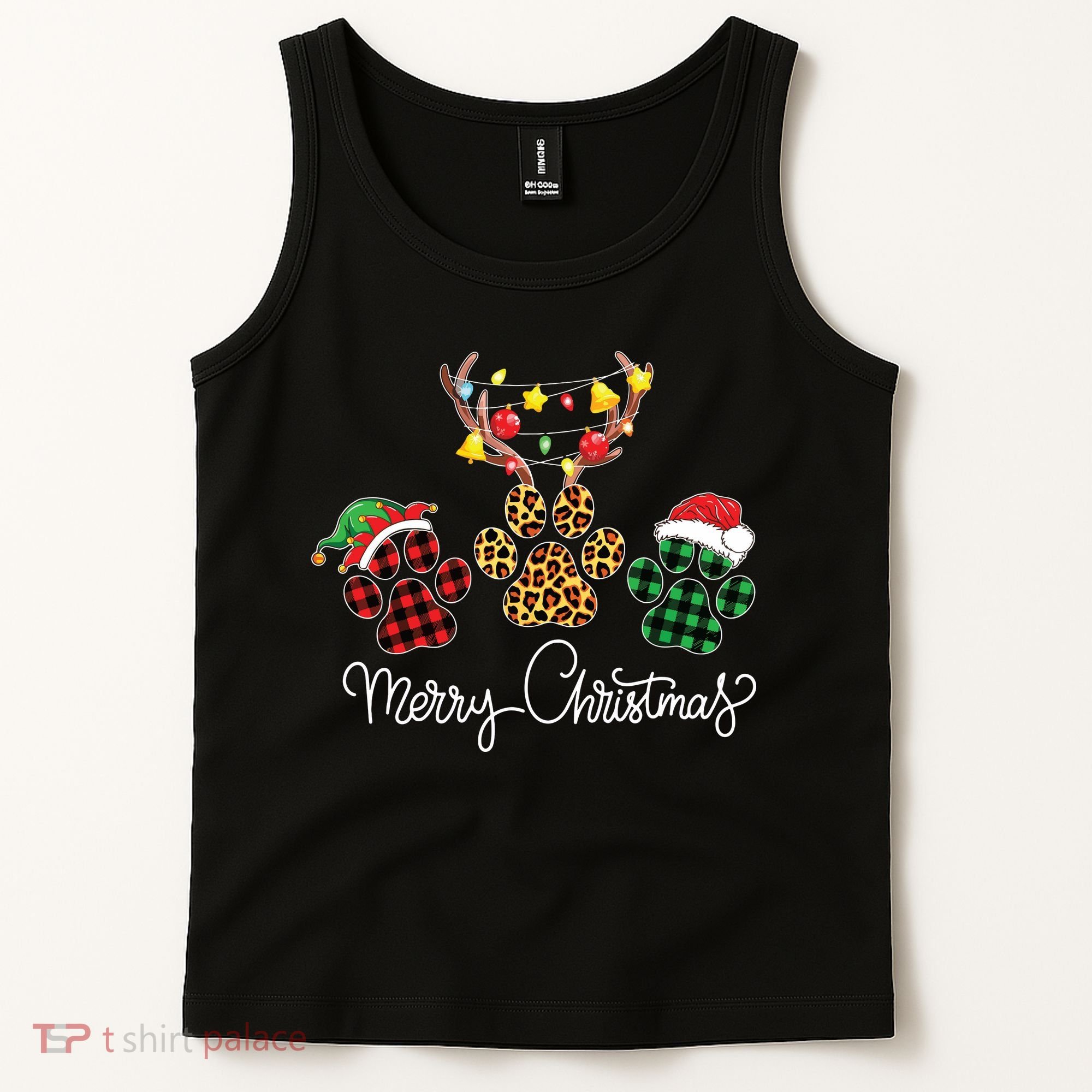 Merry Christmas Dog Paws Lights Buffalo Plaid Leopard Xmas Tank Top