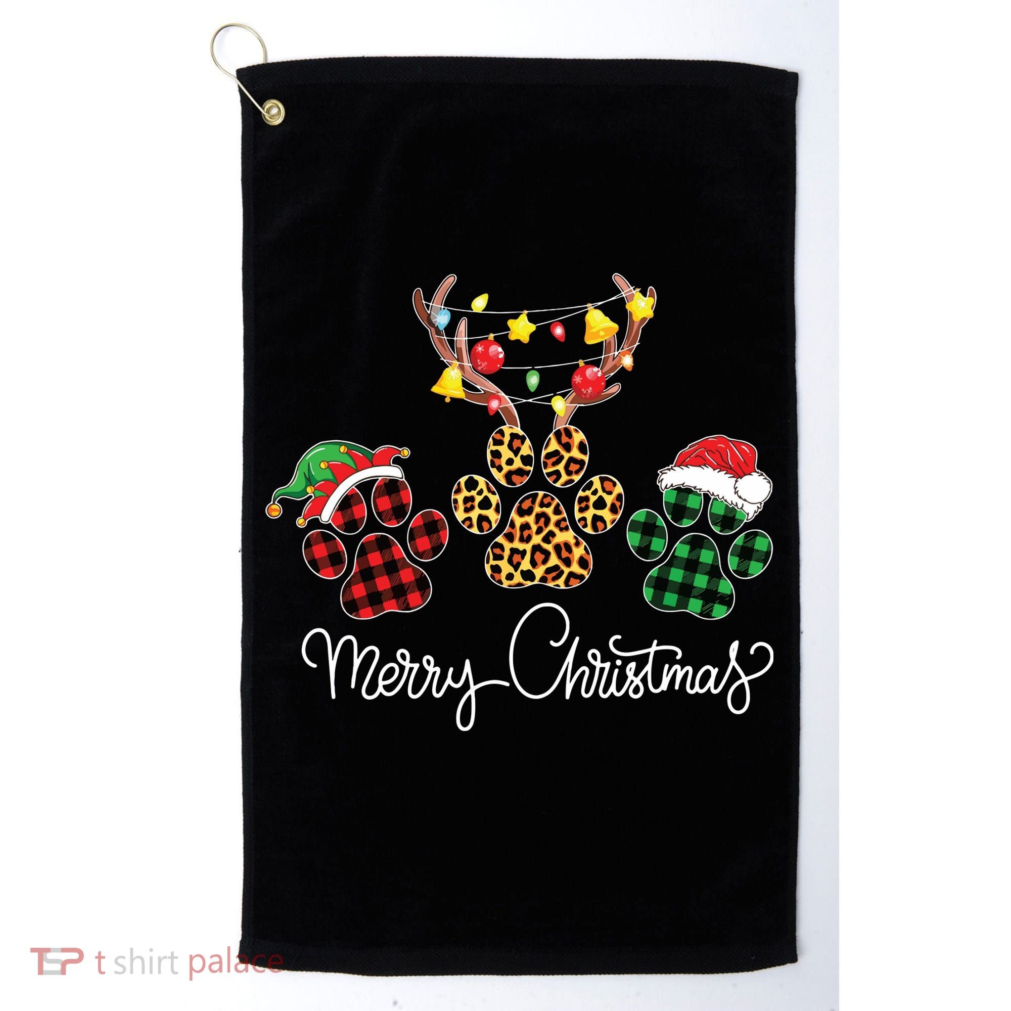 Merry Christmas Dog Paws Lights Buffalo Plaid Leopard Xmas Golf Towel