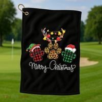 Merry Christmas Dog Paws Lights Buffalo Plaid Leopard Xmas Golf Towel thumb 1