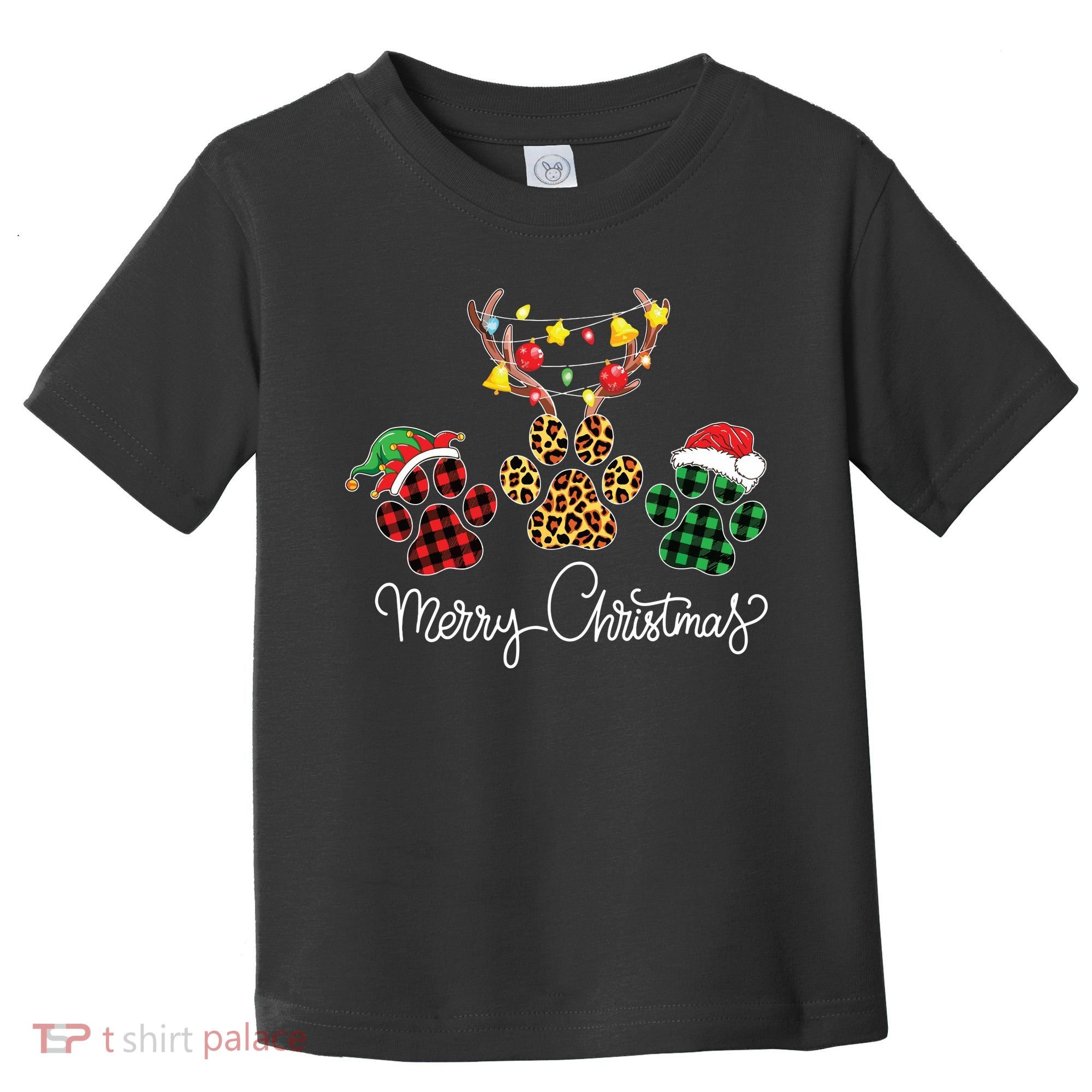 Merry Christmas Dog Paws Lights Buffalo Plaid Leopard Xmas Toddler T-Shirt